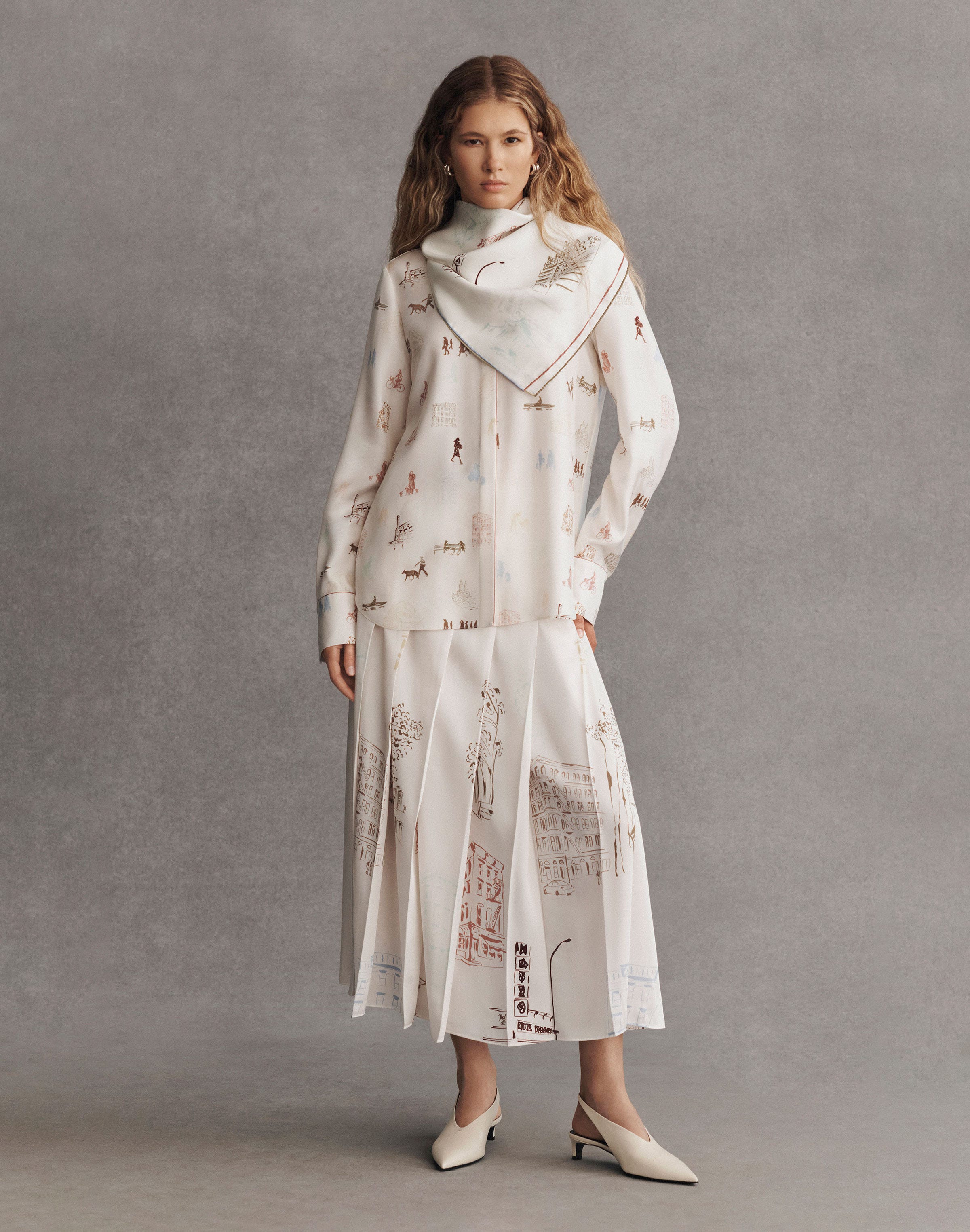Manhattan Print Twill Pleated Midi Skirt