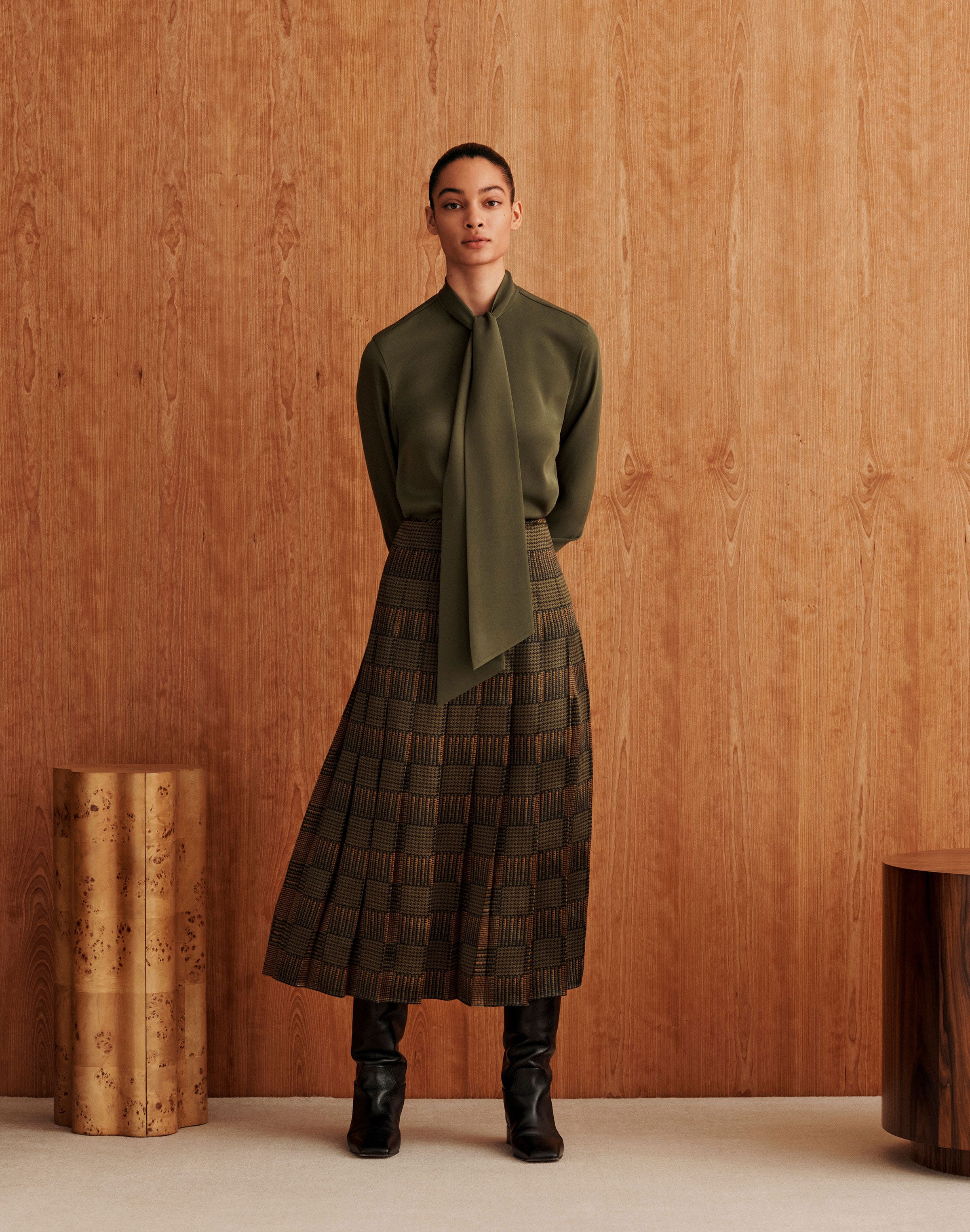 Glen Plaid Print Silk Pleated Skirt