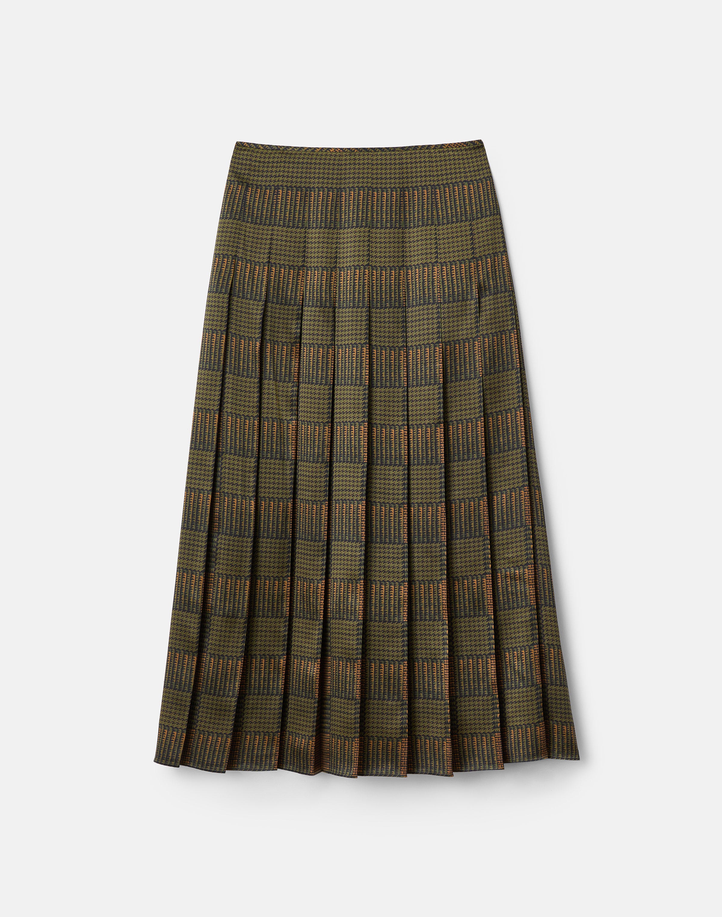Glen Plaid Print Silk Pleated Skirt