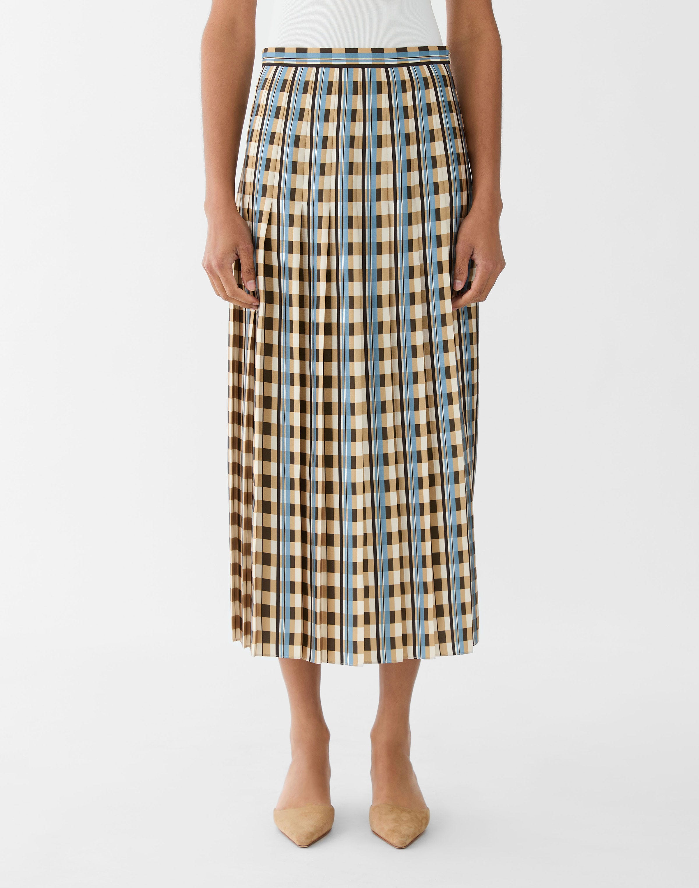 Plaid Print Twill Pleated Long Skirt