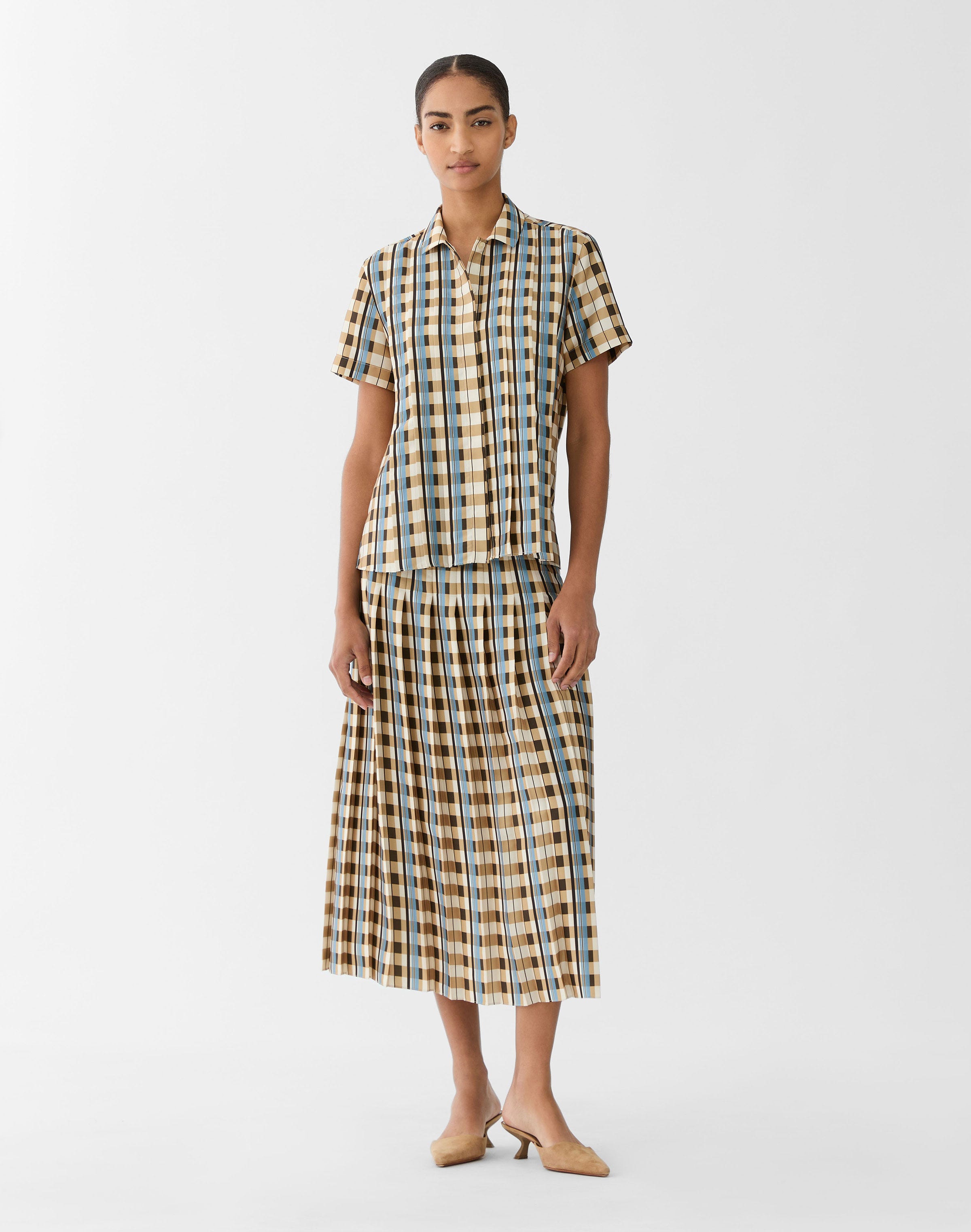 Plaid Print Twill Pleated Long Skirt