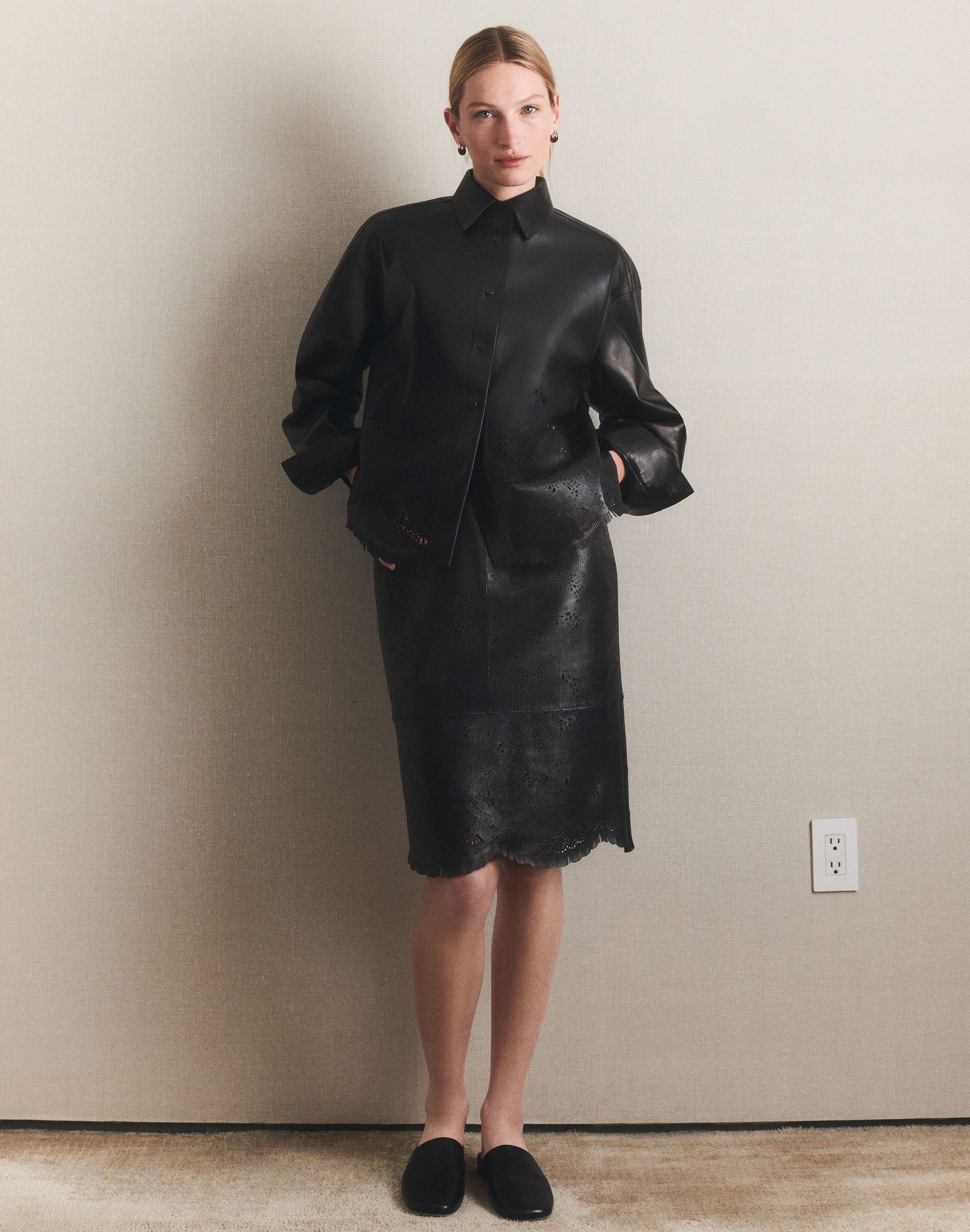 Laser Cut Nappa Leather Pencil Skirt