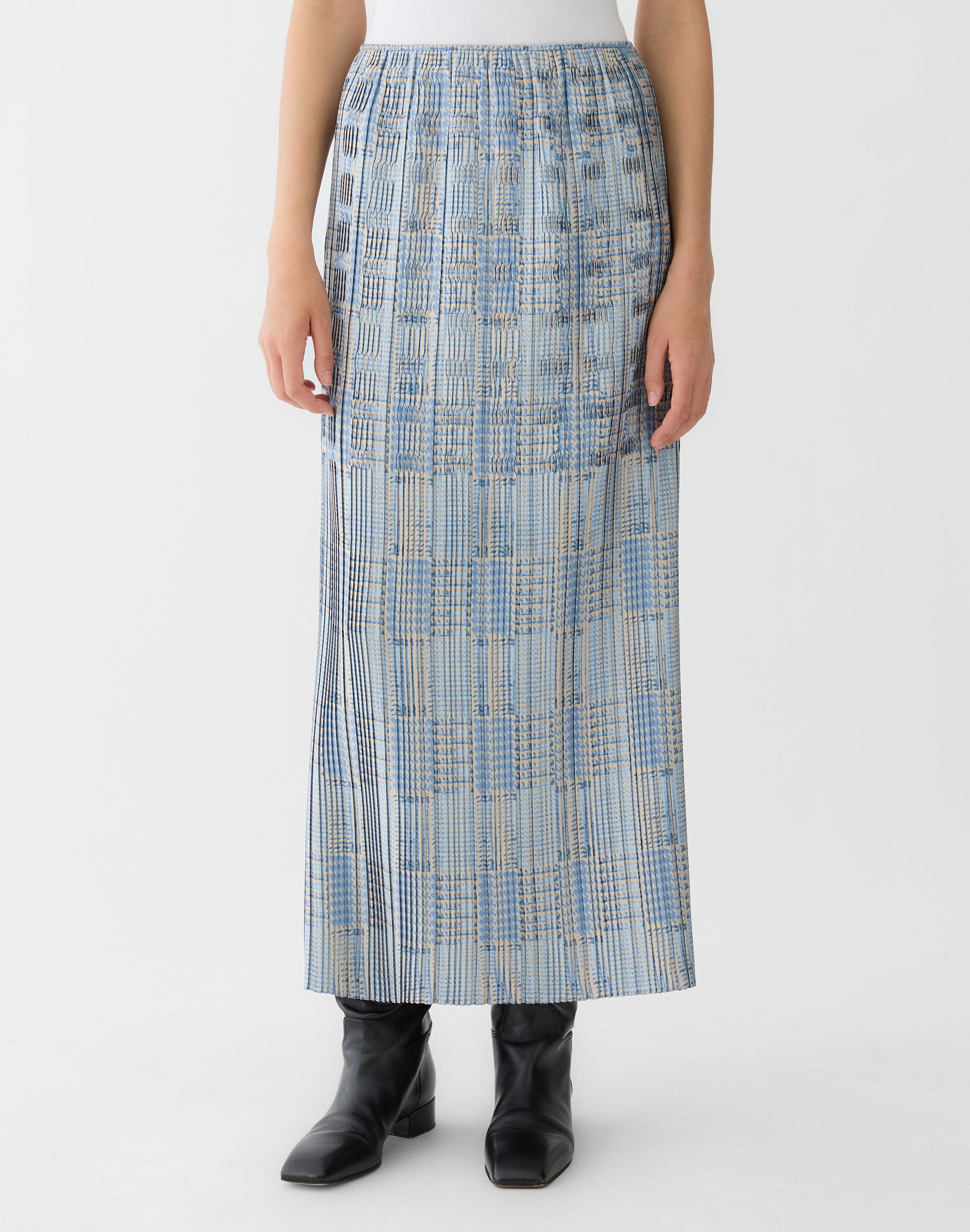 Glen Plaid Print Twill Plissé Skirt