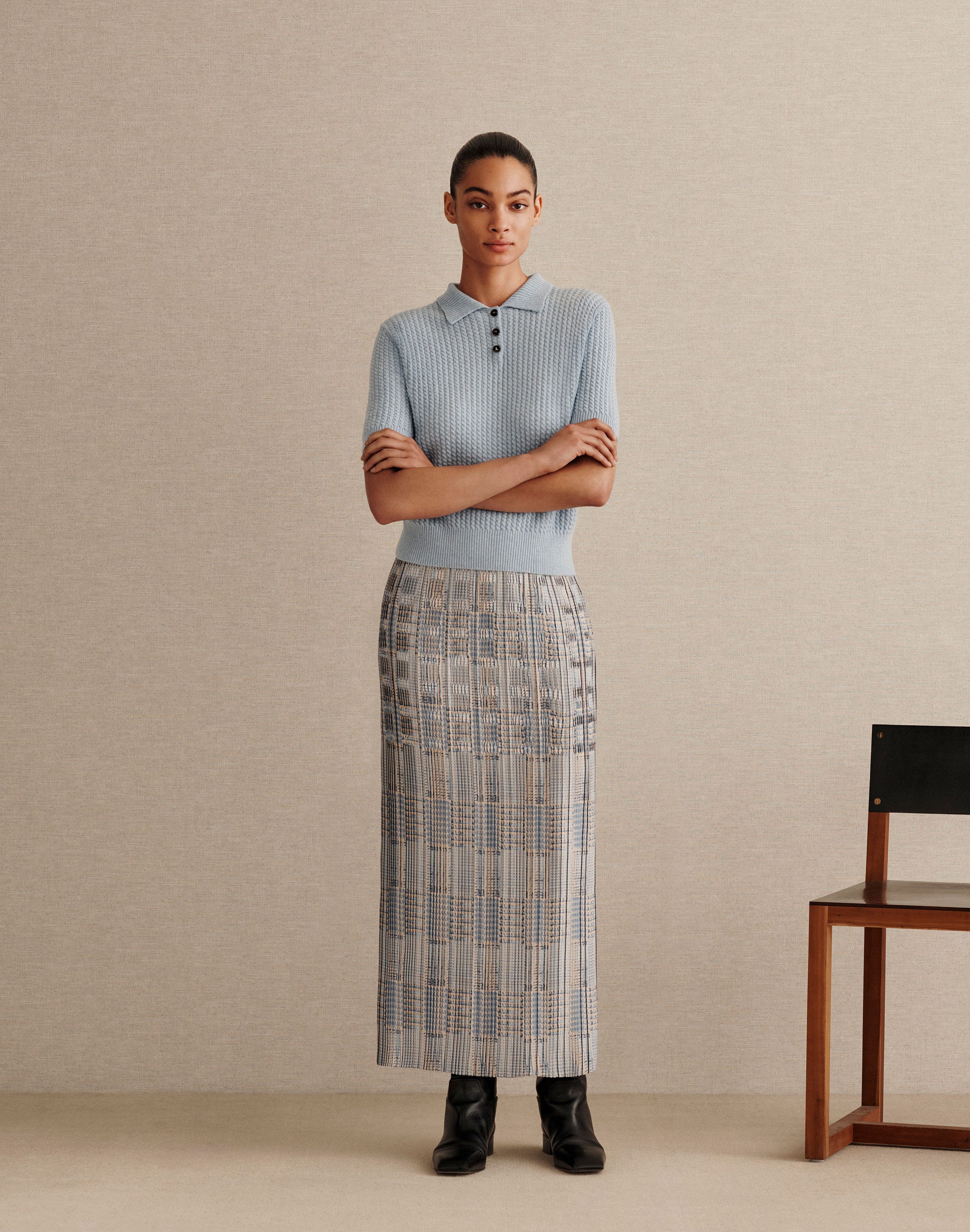 Glen Plaid Print Twill Plissé Skirt