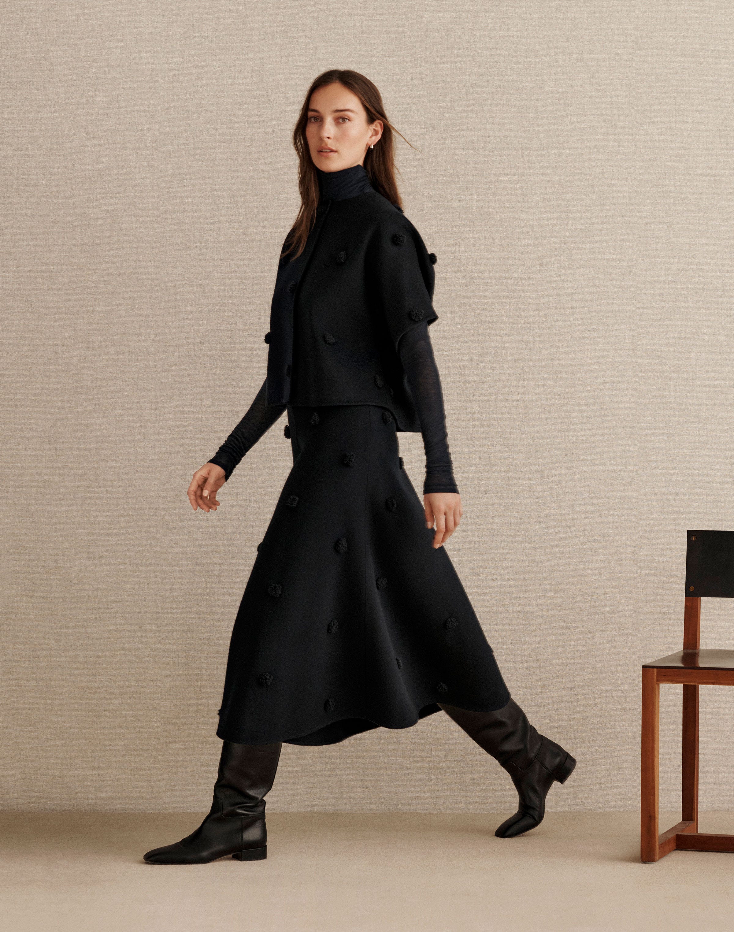 Wool-Cashmere Double Face Embellished Polka Dot Skirt