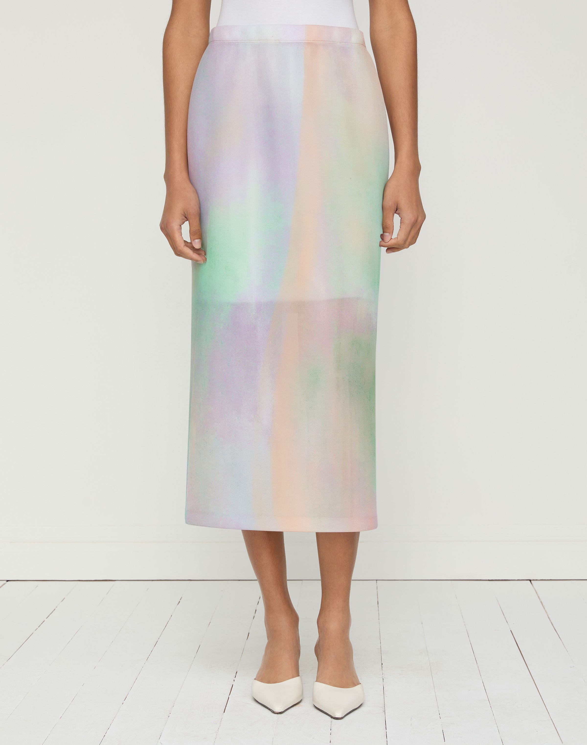 Aurora Print Neoprene Straight Midi Skirt
