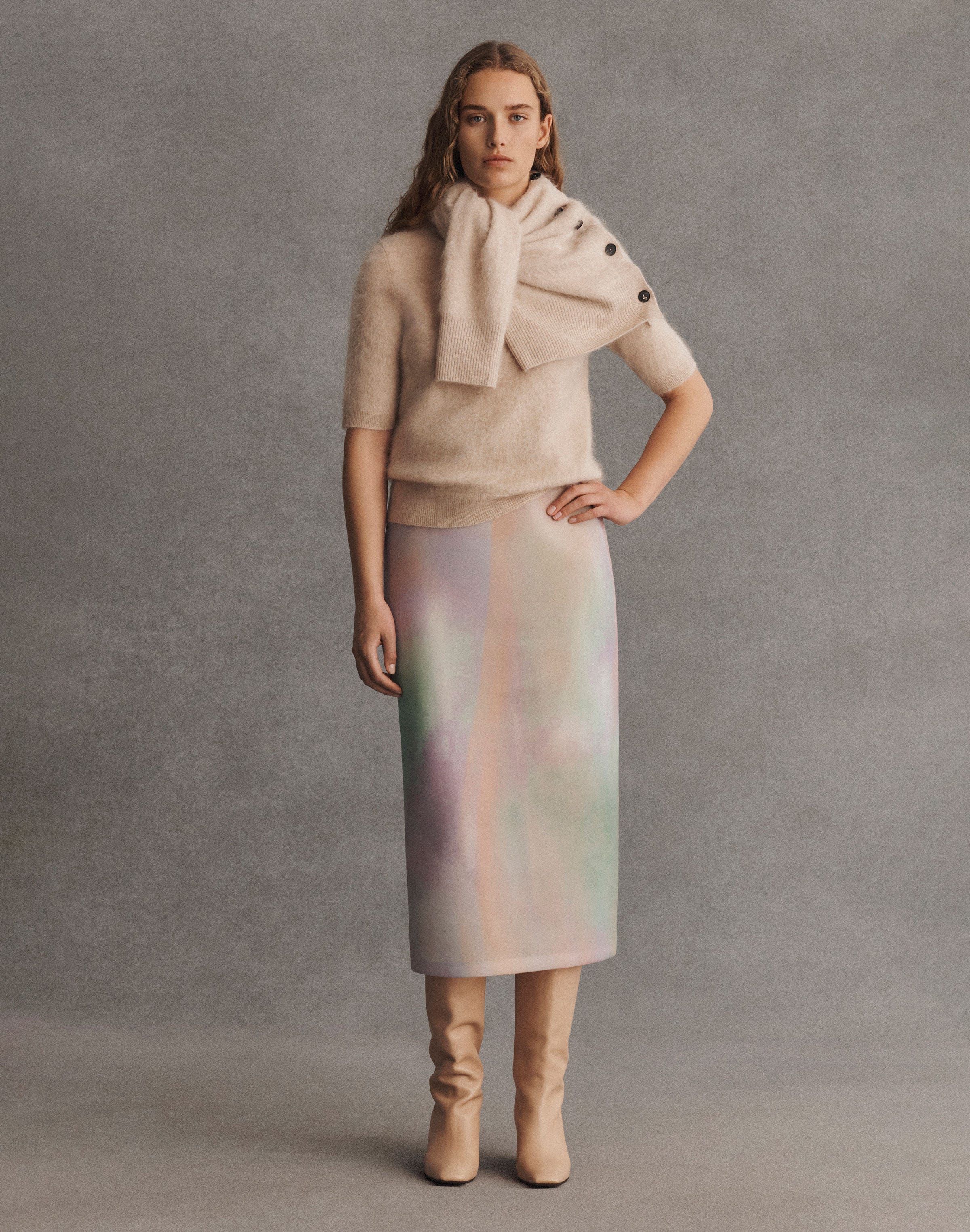 Aurora Print Neoprene Straight Midi Skirt