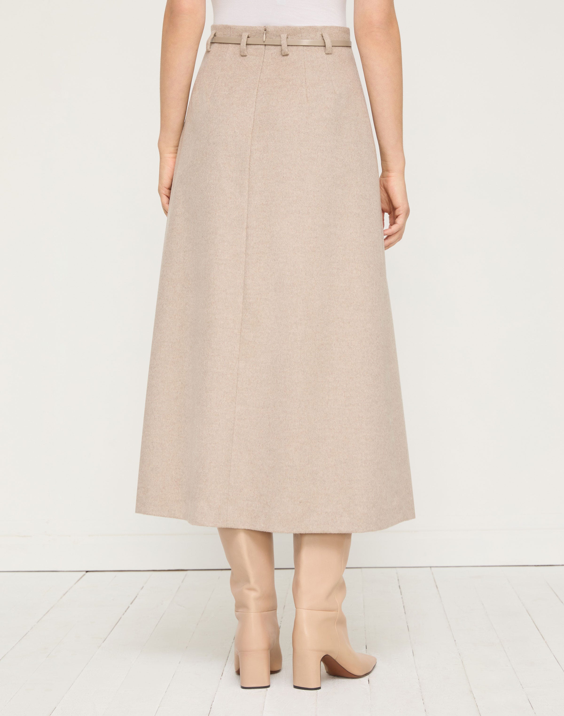 Brushed Wool-Cashmere Flannel Belted A-Line Skirt