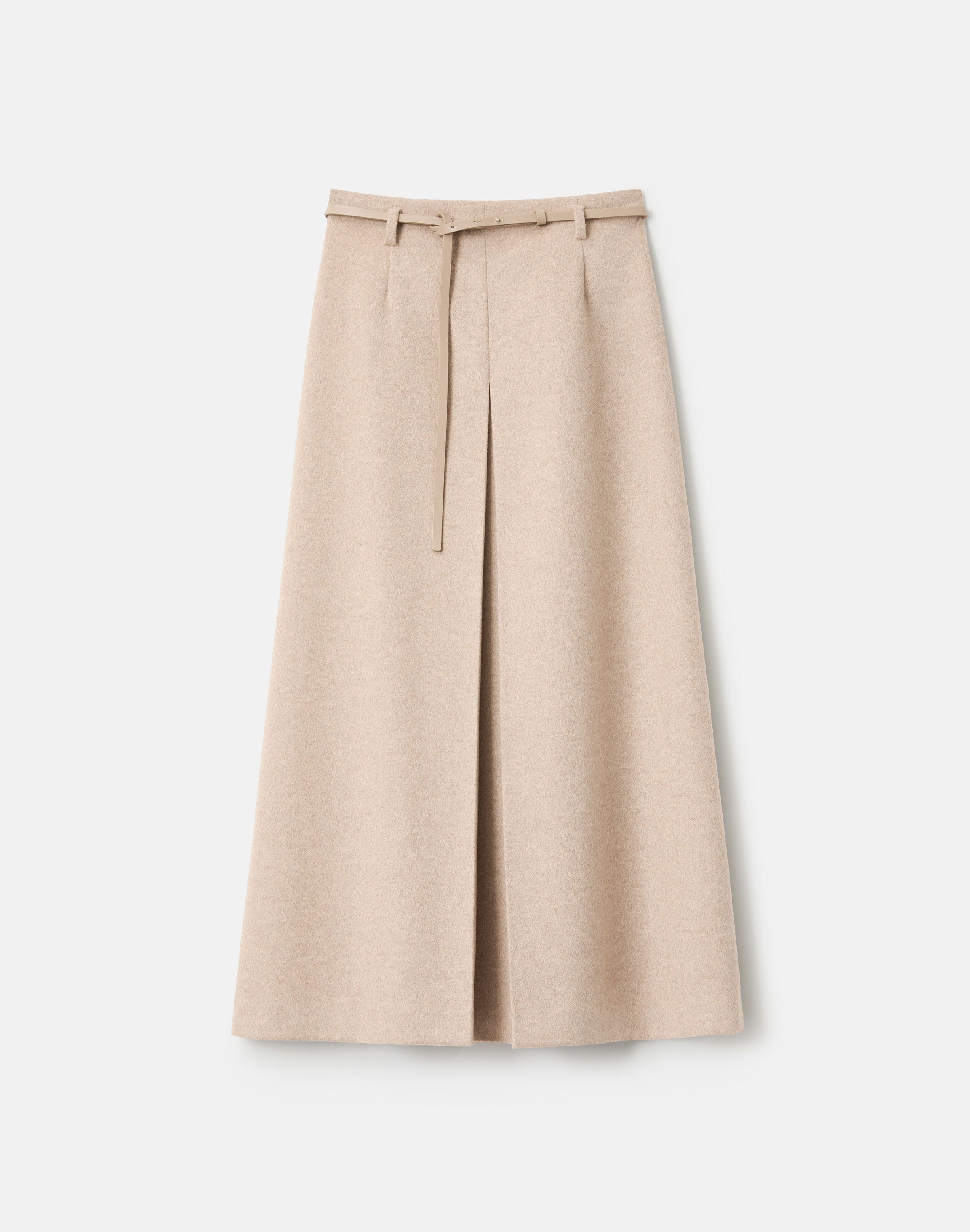 Brushed Wool-Cashmere Flannel Belted A-Line Skirt