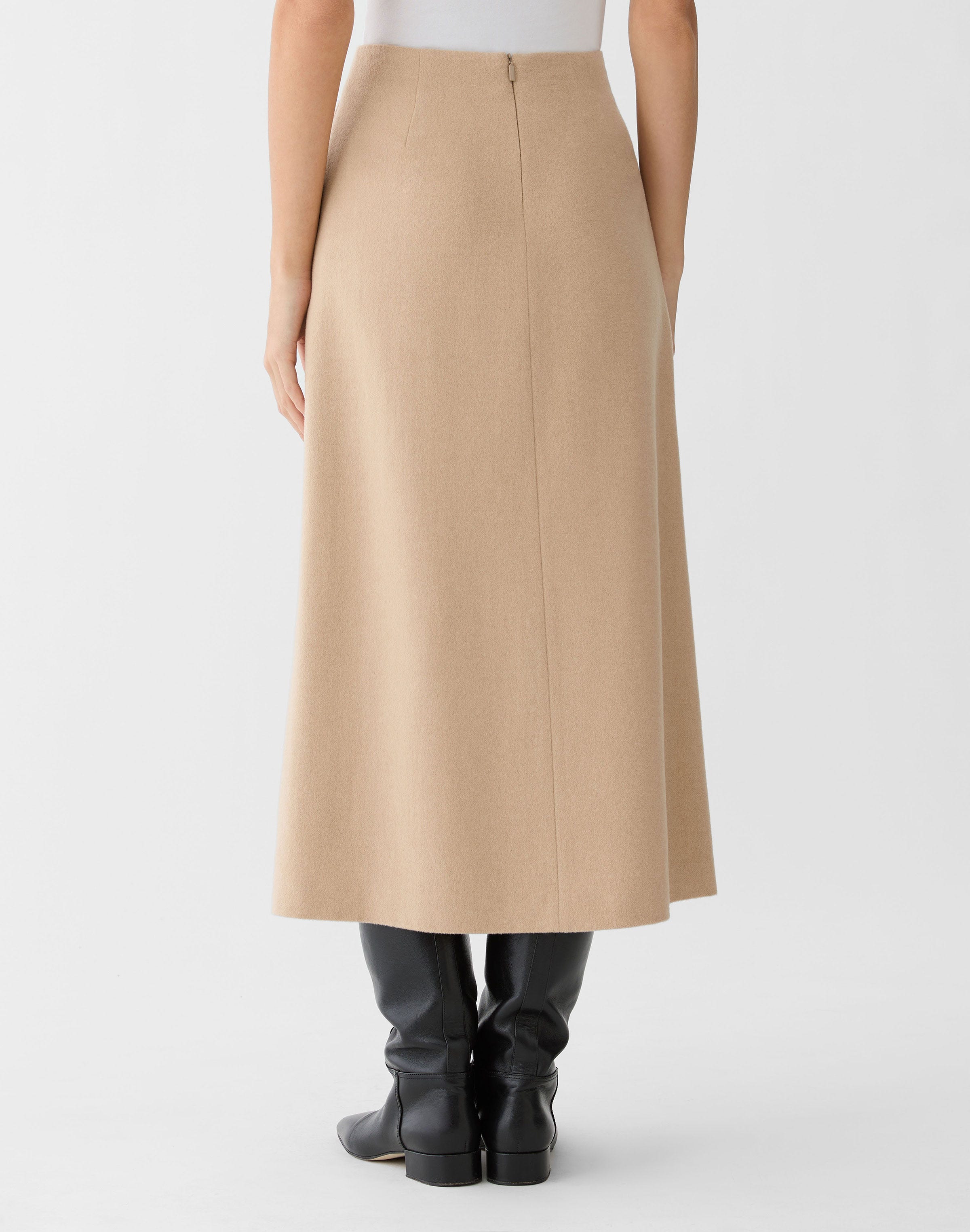 Camel Hair Pleated A-Line Midi Skirt