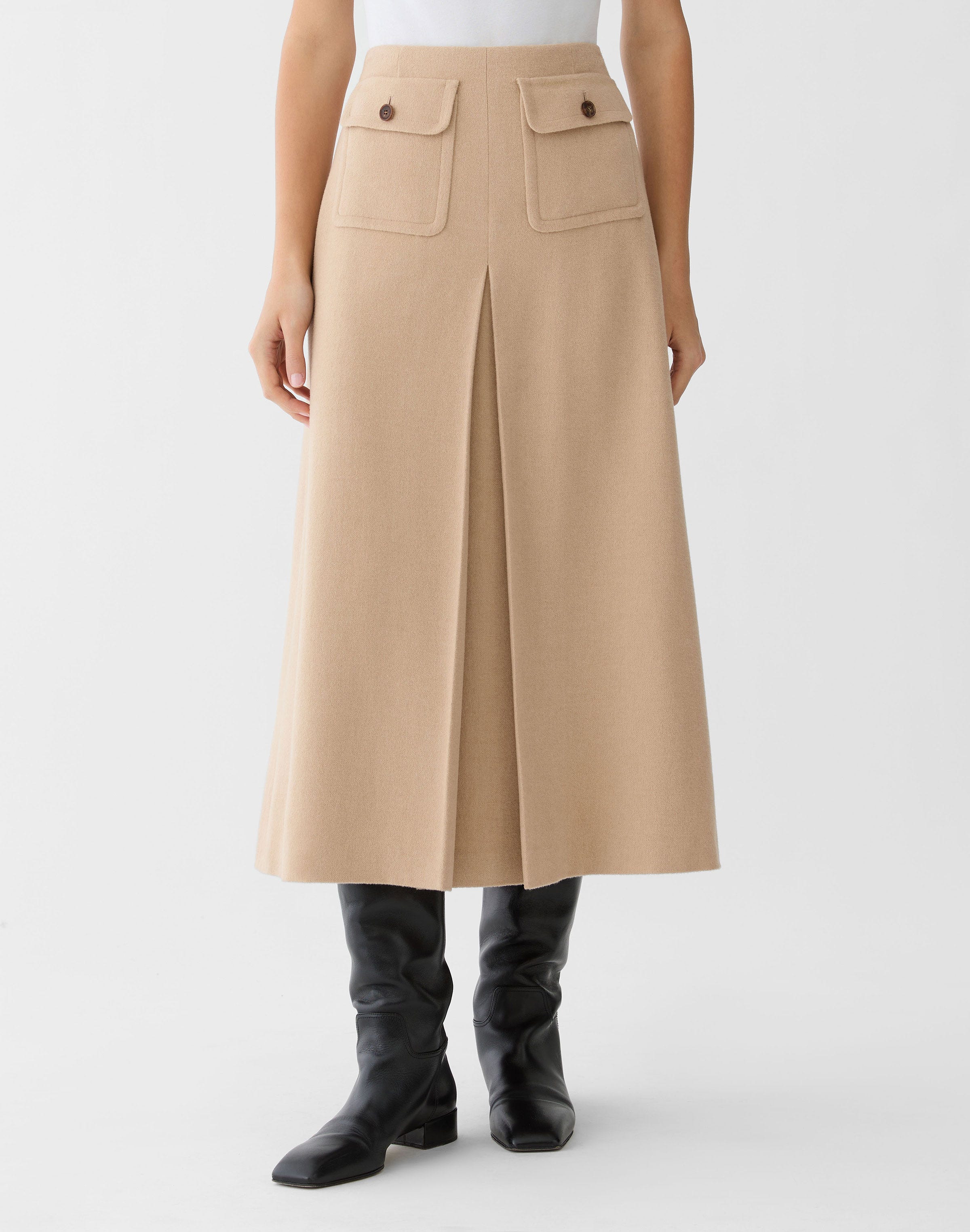 Camel Hair Pleated A-Line Midi Skirt