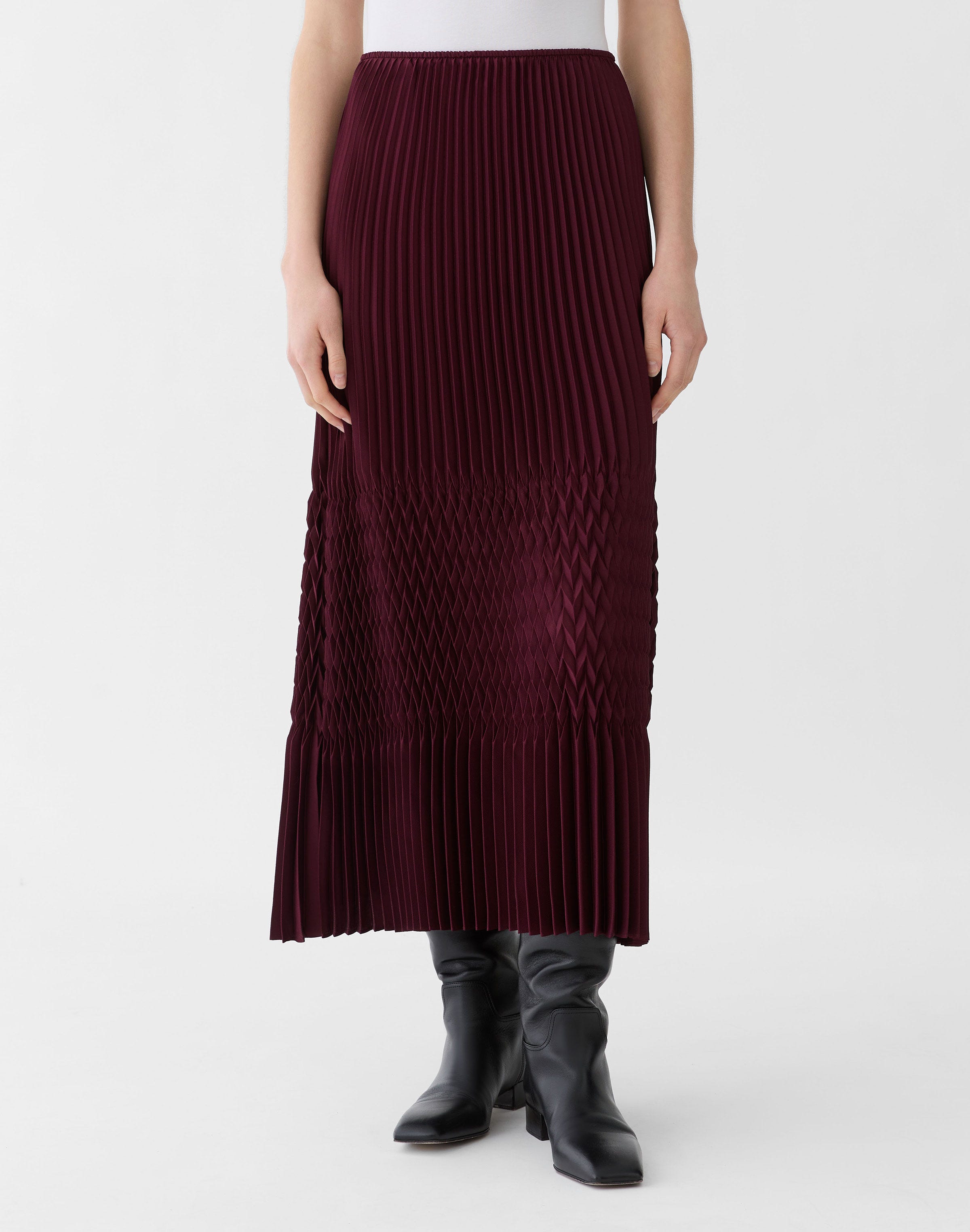 Satin Plissé Straight Midi Skirt