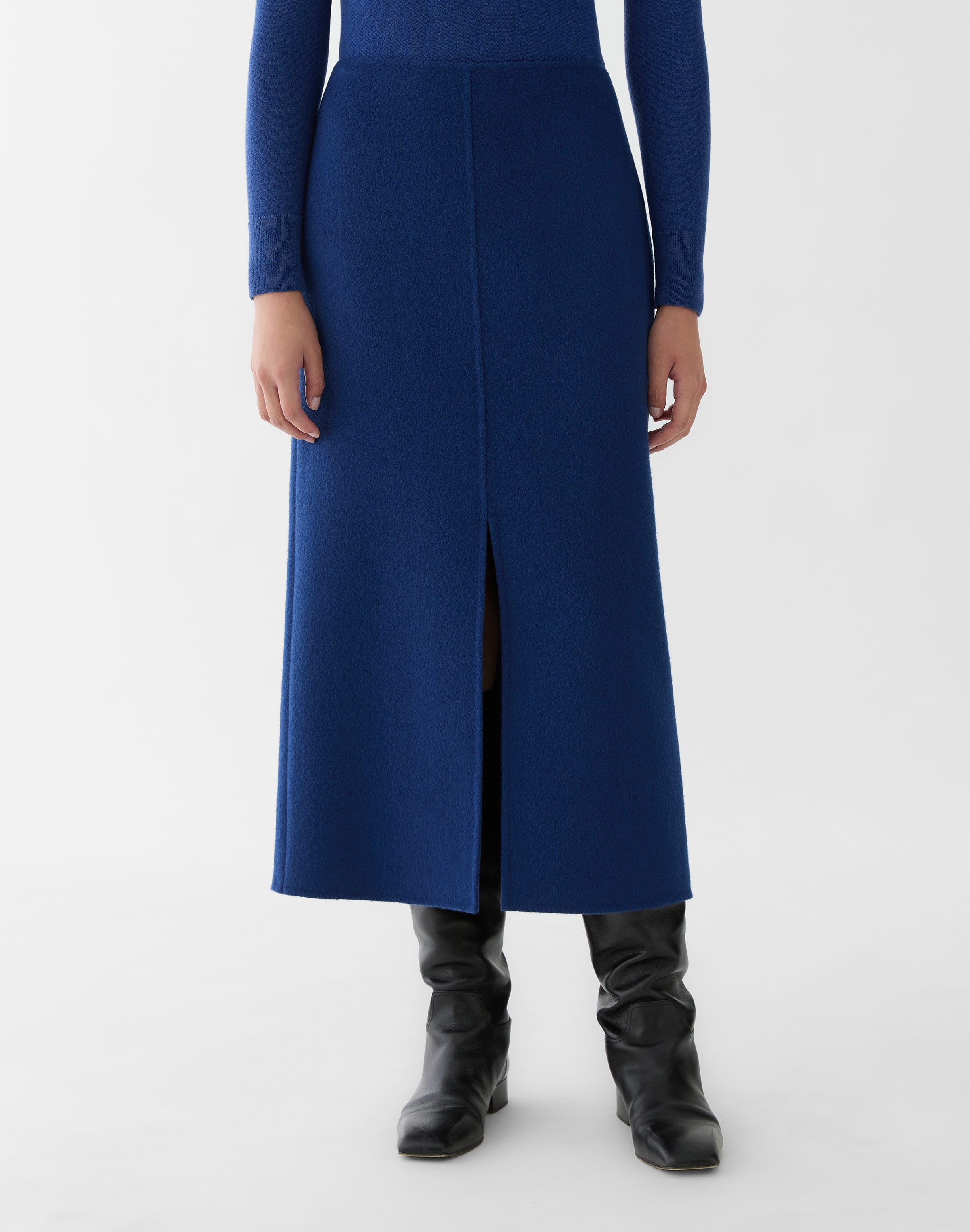 Wool-Cashmere Double Face Front Slit Midi Skirt