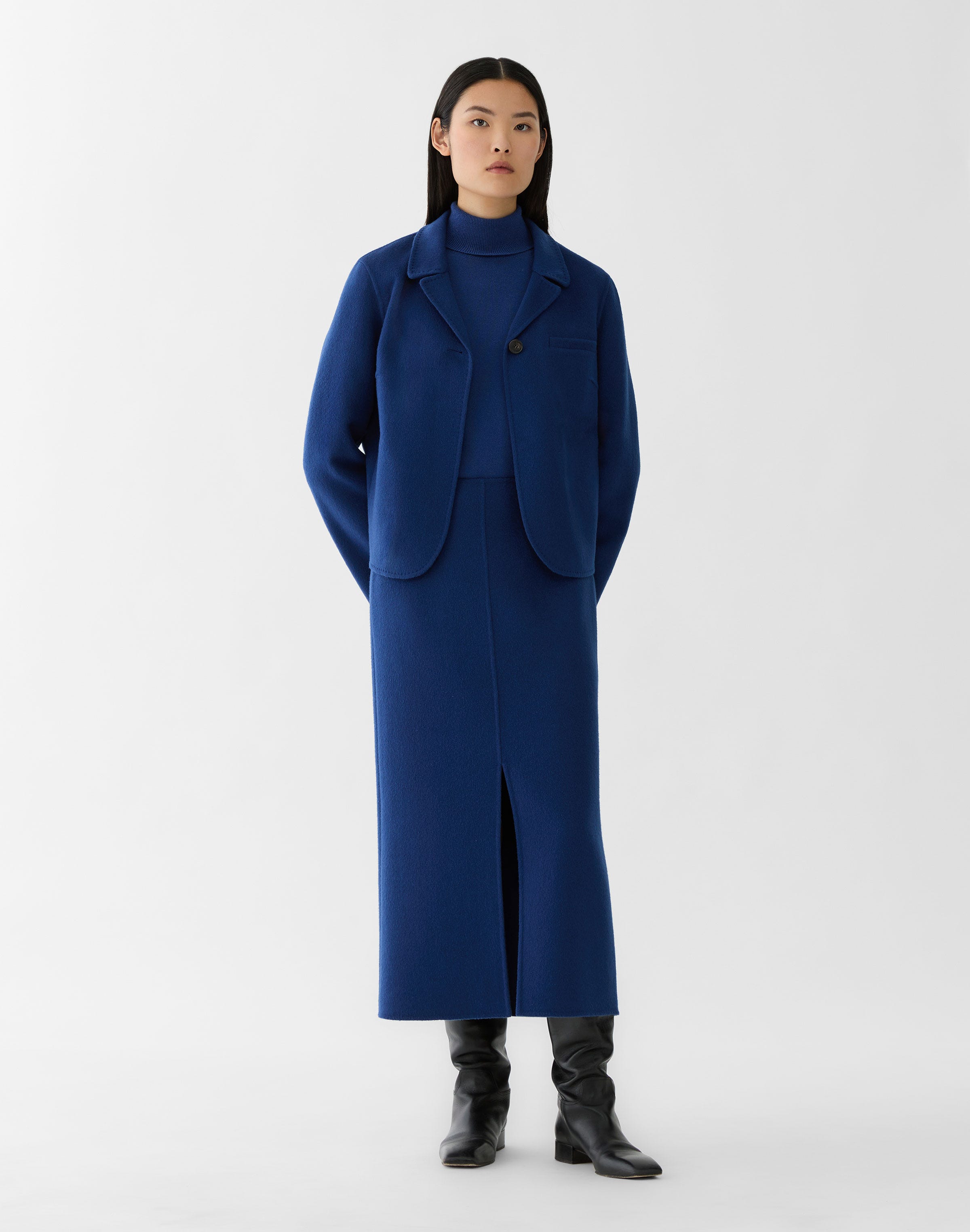 Wool-Cashmere Double Face Front Slit Midi Skirt