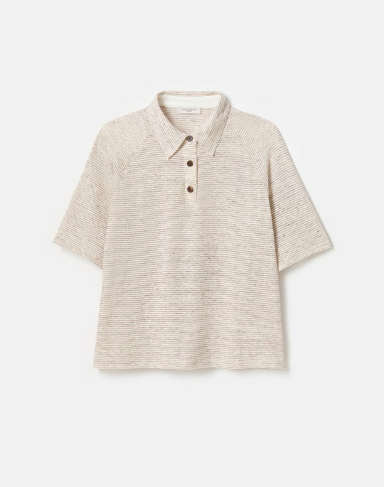 Fine Stripe Linen-Cotton Raglan Sleeve Polo