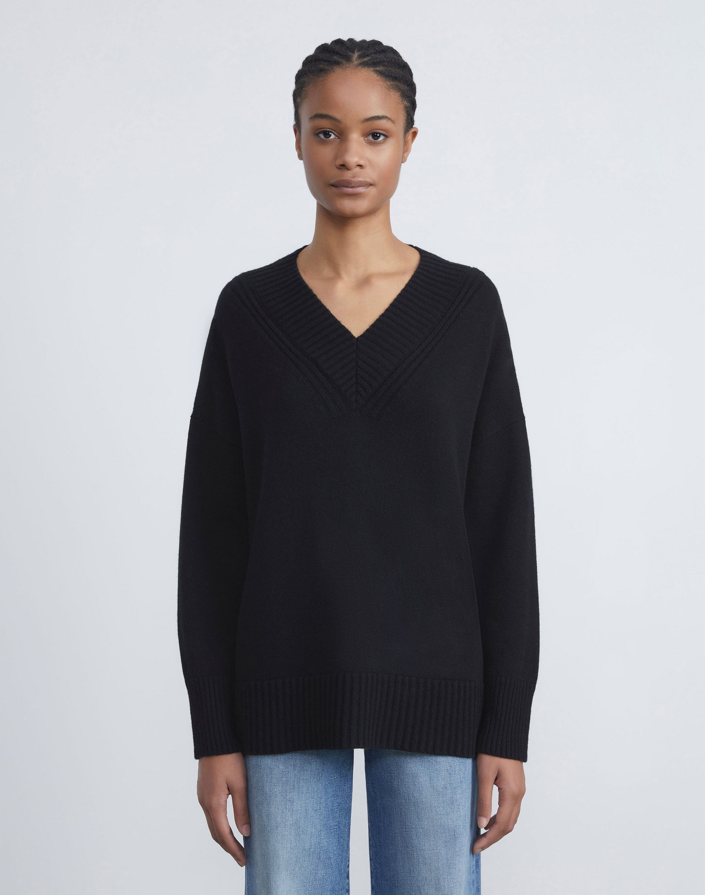 Petite Cashmere Ribbed V-Neck Sweater