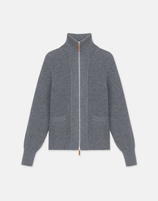 Responsible Wool-Cashmere Ribbed Stand Collar Zip Front Cardigan