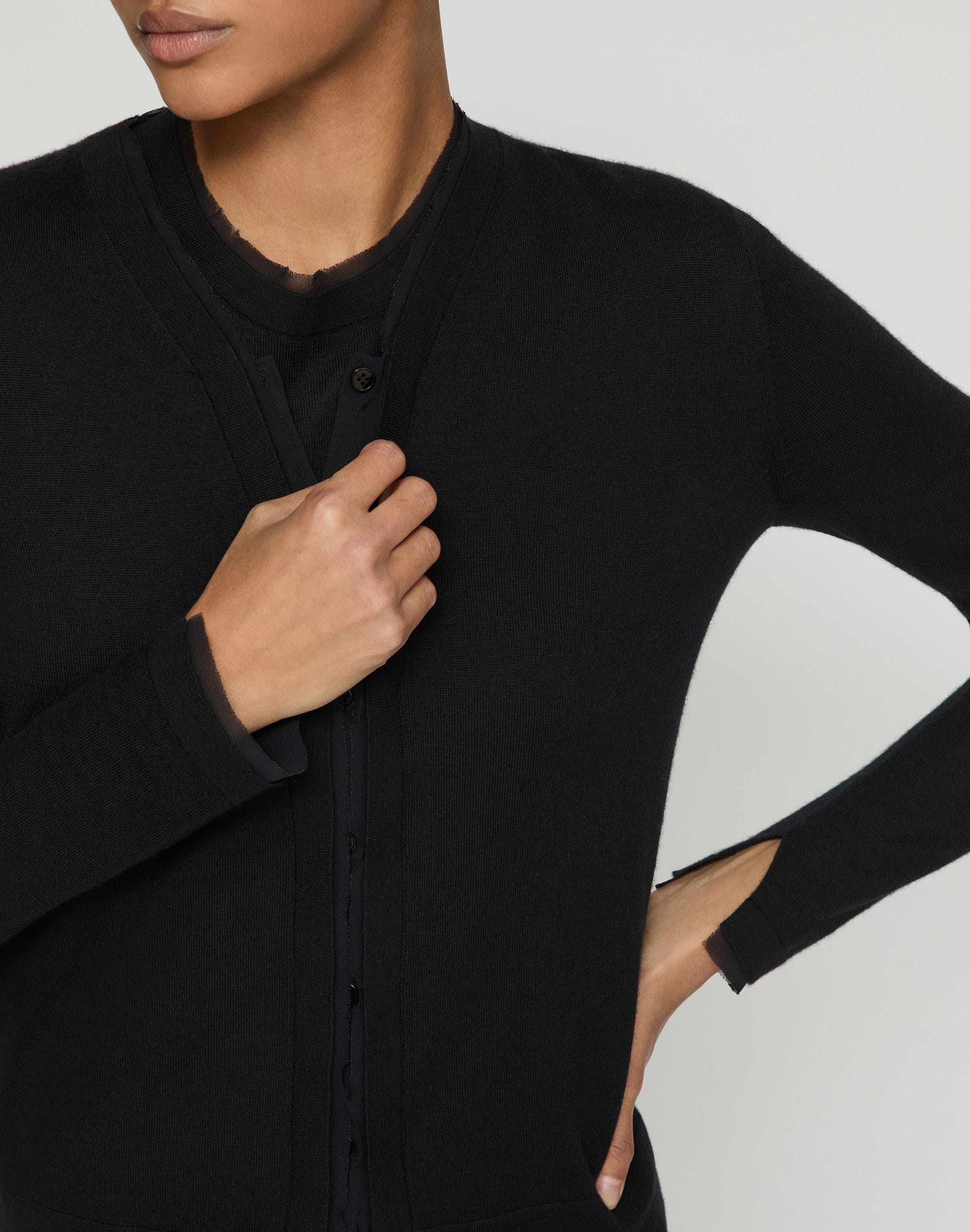 Fine Gauge Cashmere & Silk Chiffon Trim Cardigan 