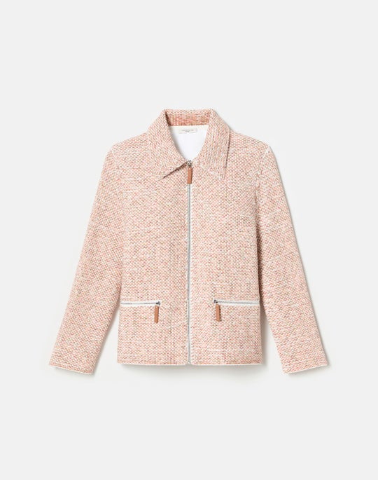 Printed Tubular Yarn Knit Zip Jacket