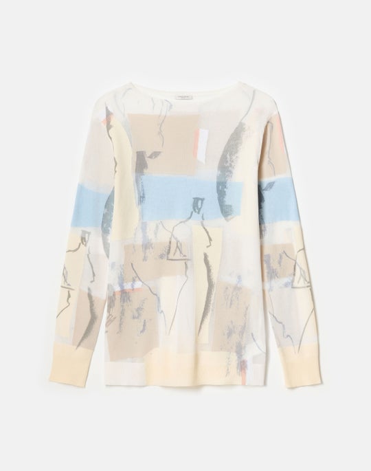 Sketchbook Print Finespun Voile & Cotton Crepe Yarn Intarsia Sweater