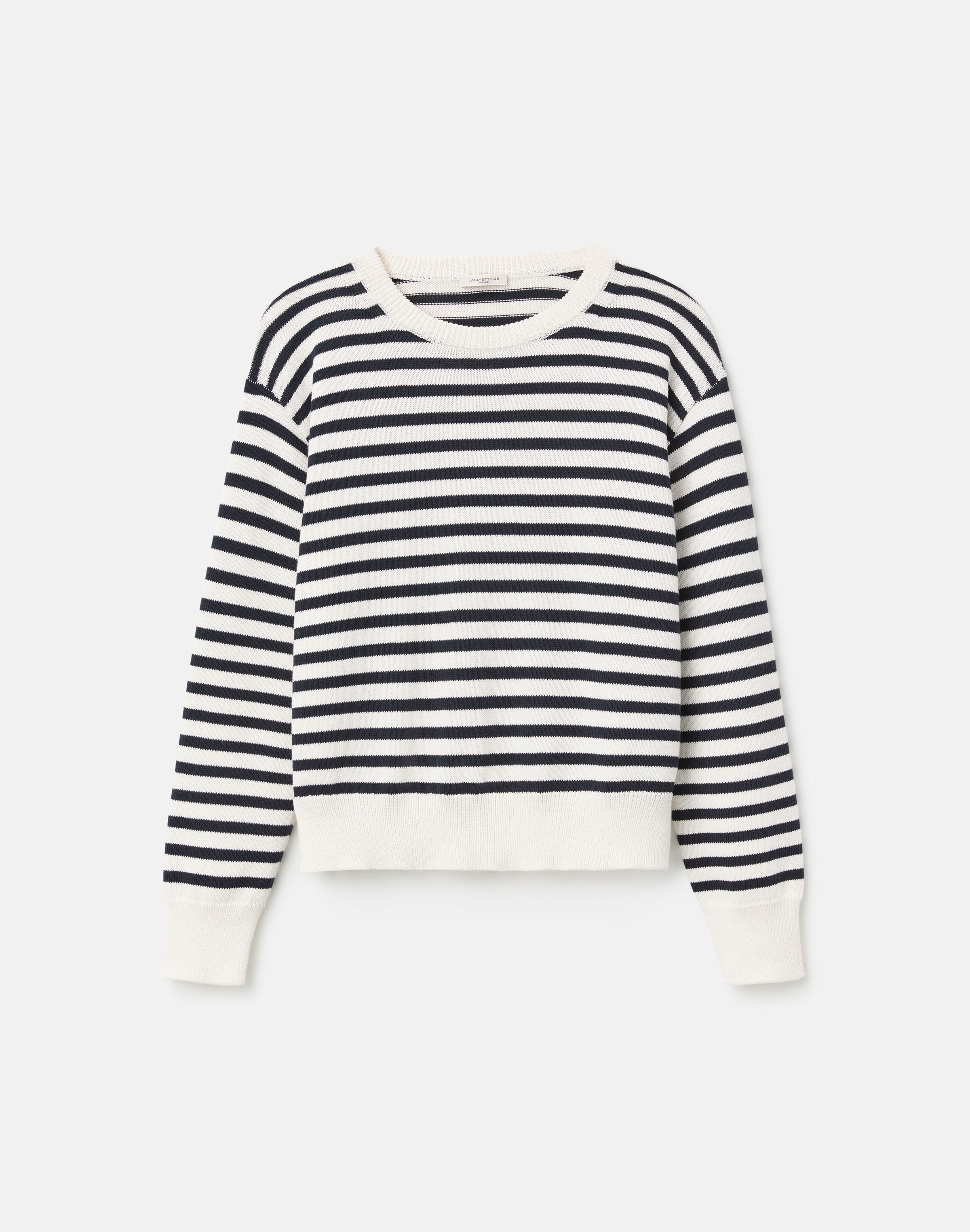 Petite Striped Cotton-Silk Tape Crewneck Sweater