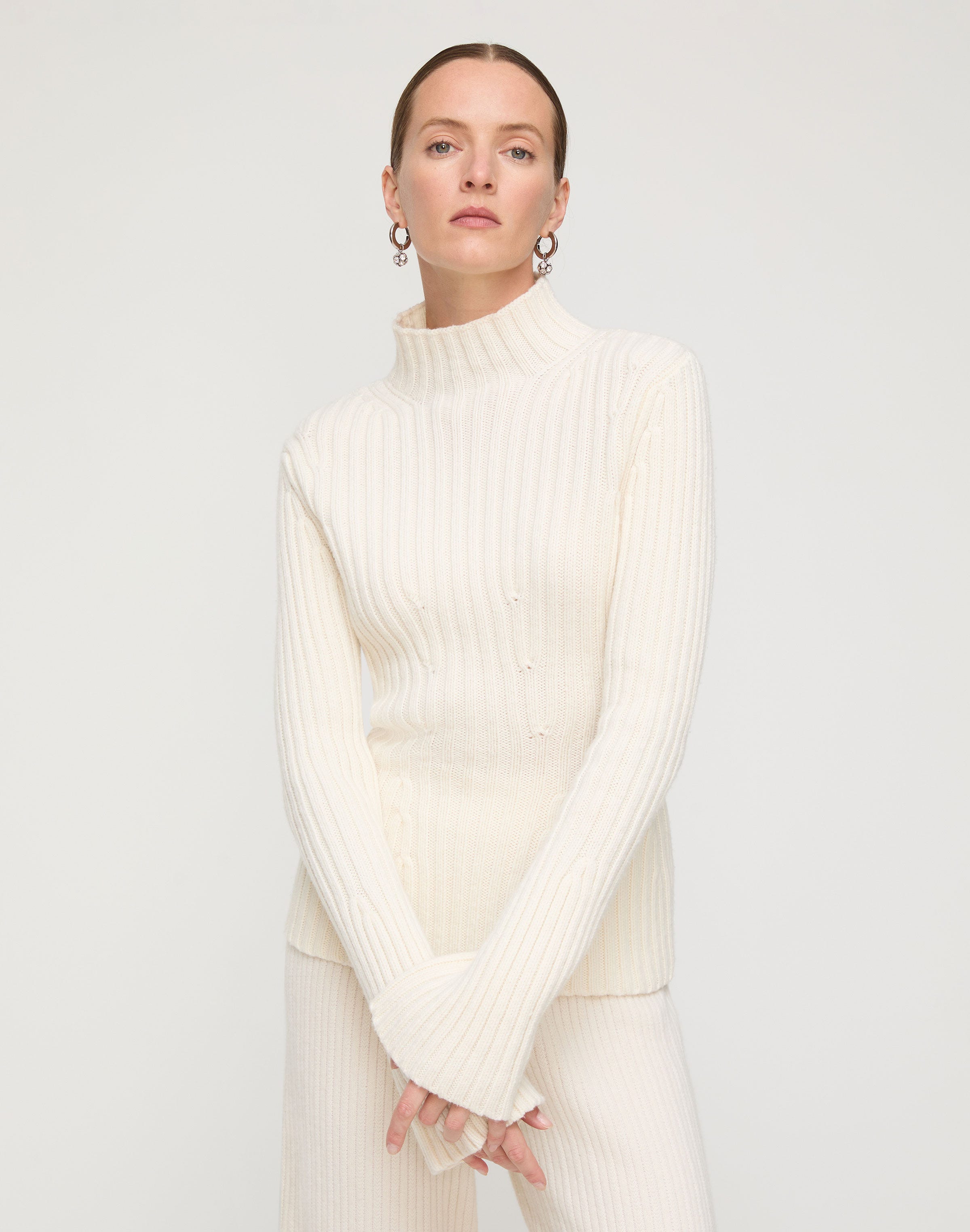 Merino Wool-Cashmere Ribbed Bell Sleeve Sweater