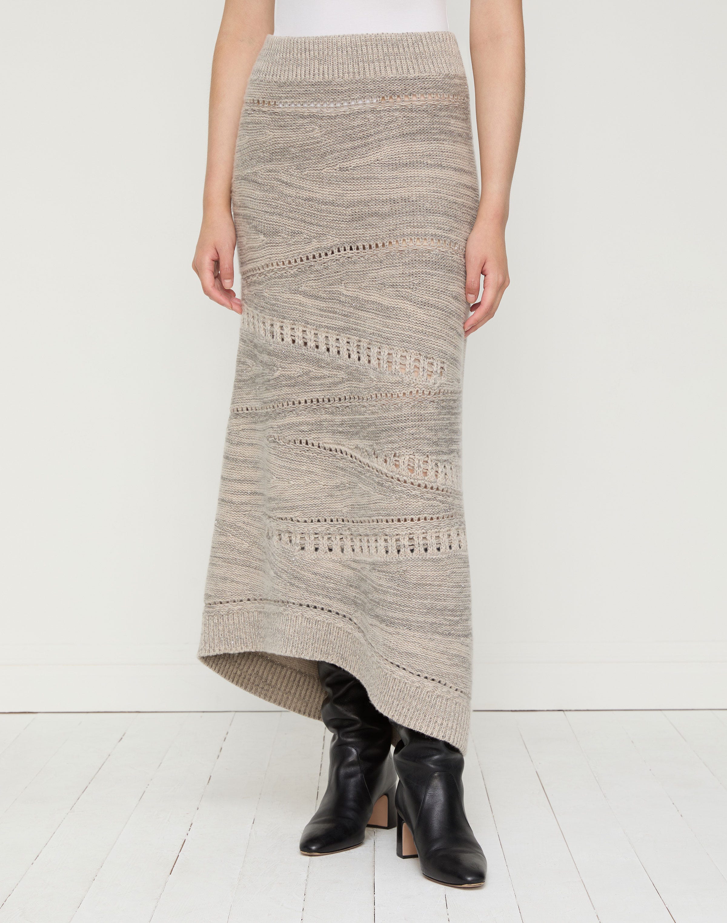 Cashmere-Sequin Silk Pointelle Asymmetric Skirt