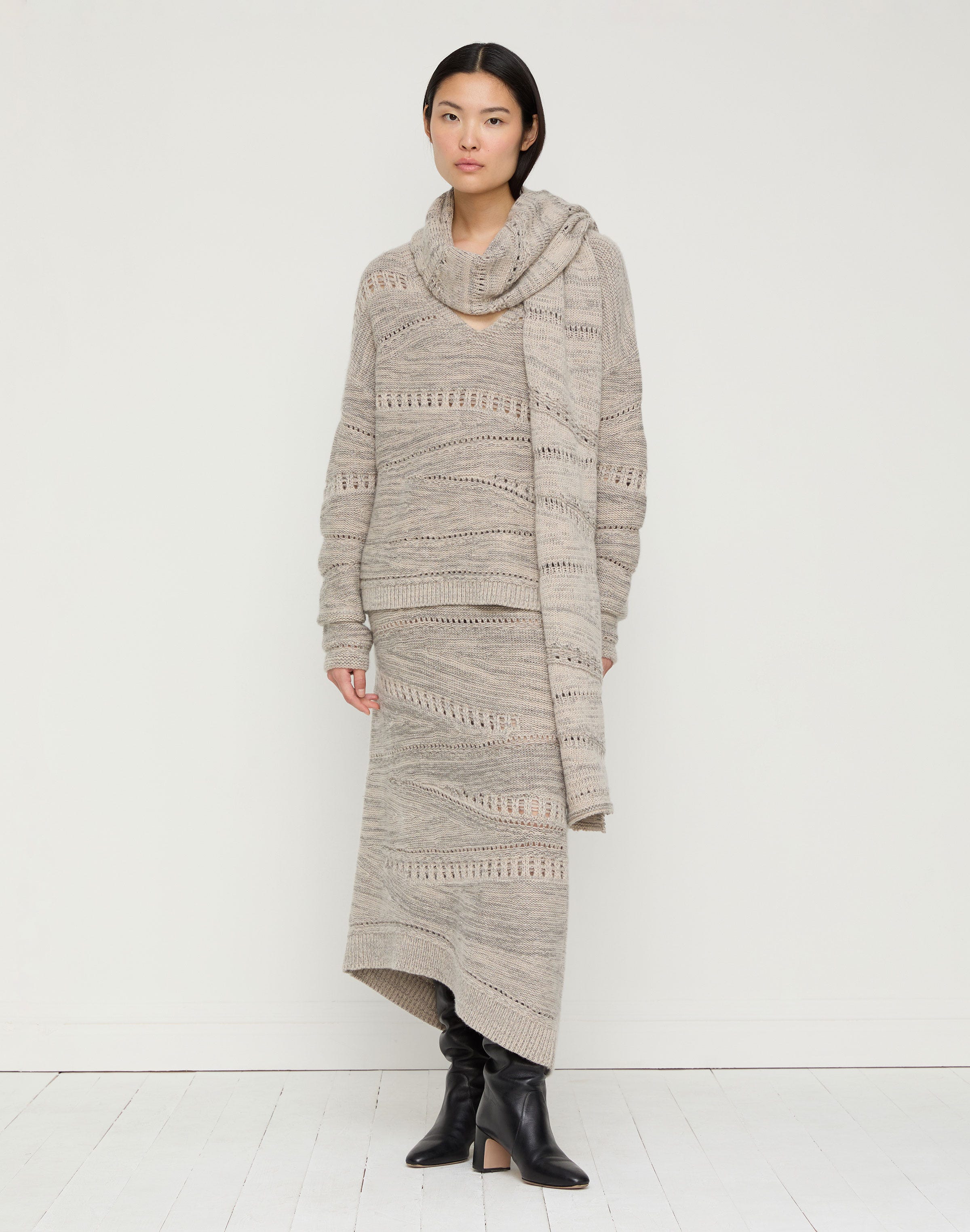 Cashmere-Sequin Silk Pointelle Asymmetric Skirt
