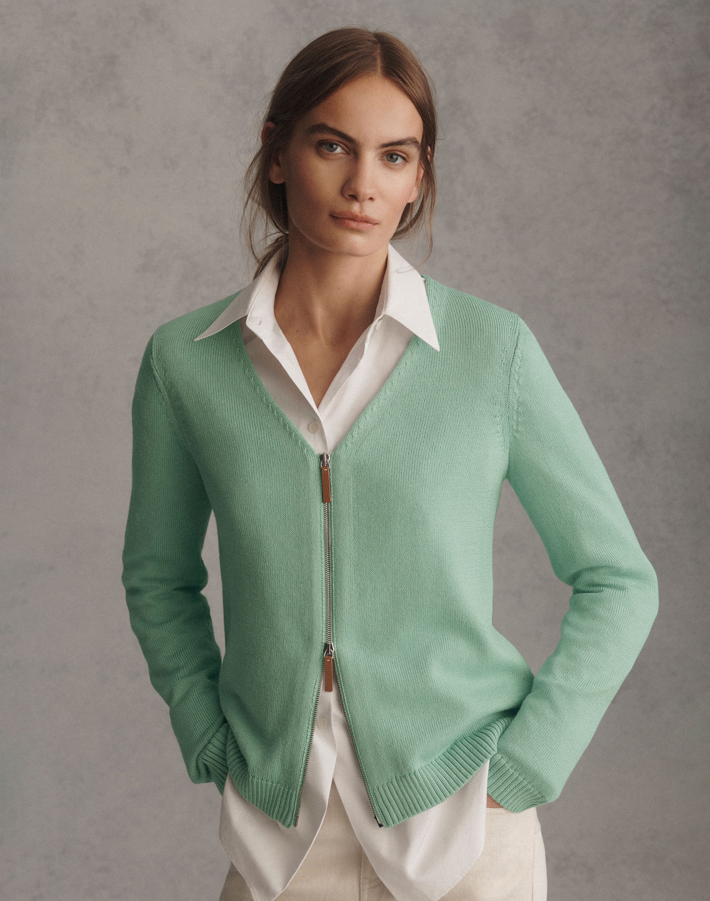 Cotton-Silk V-Neck Bomber Cardigan