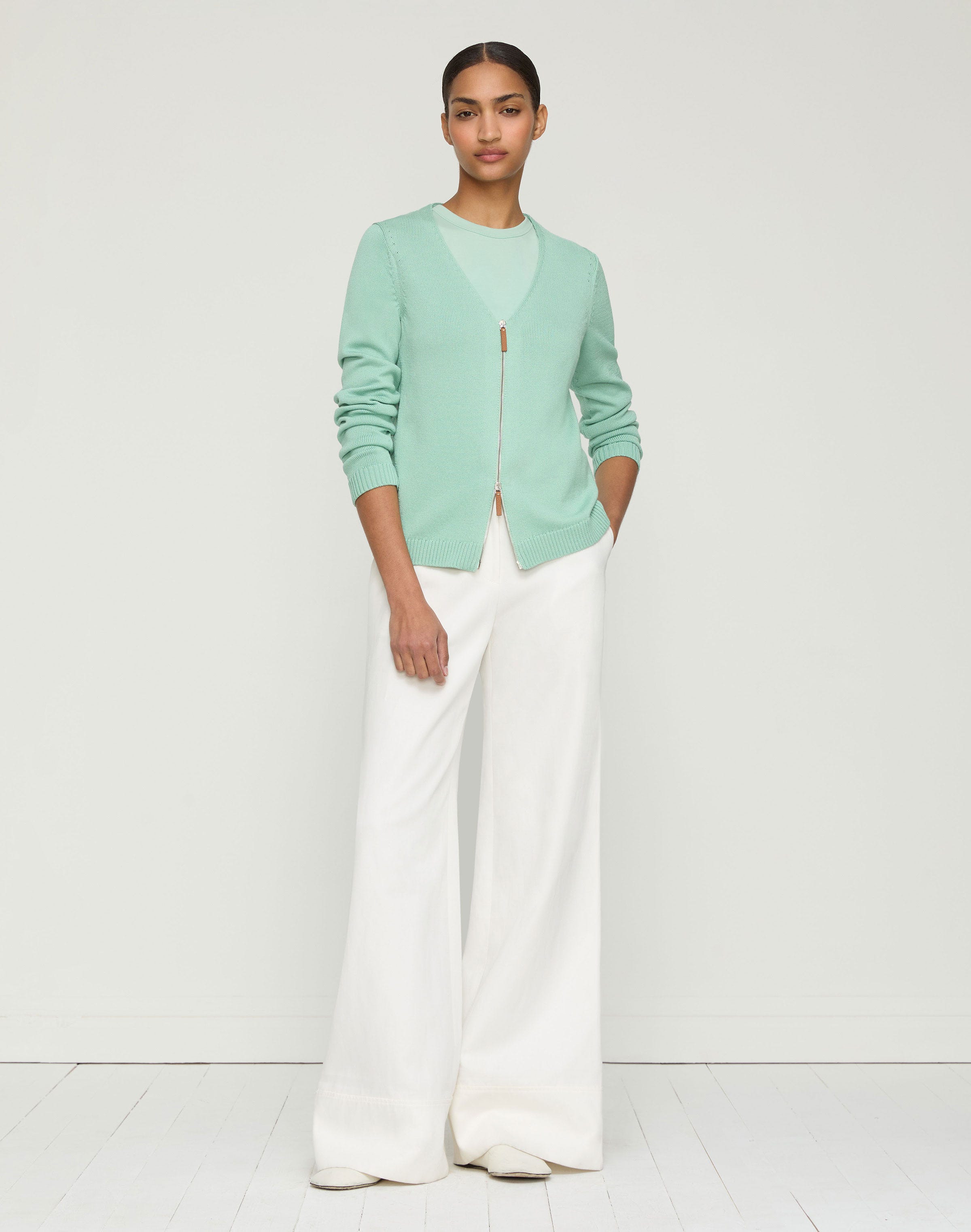 Cotton-Silk V-Neck Bomber Cardigan