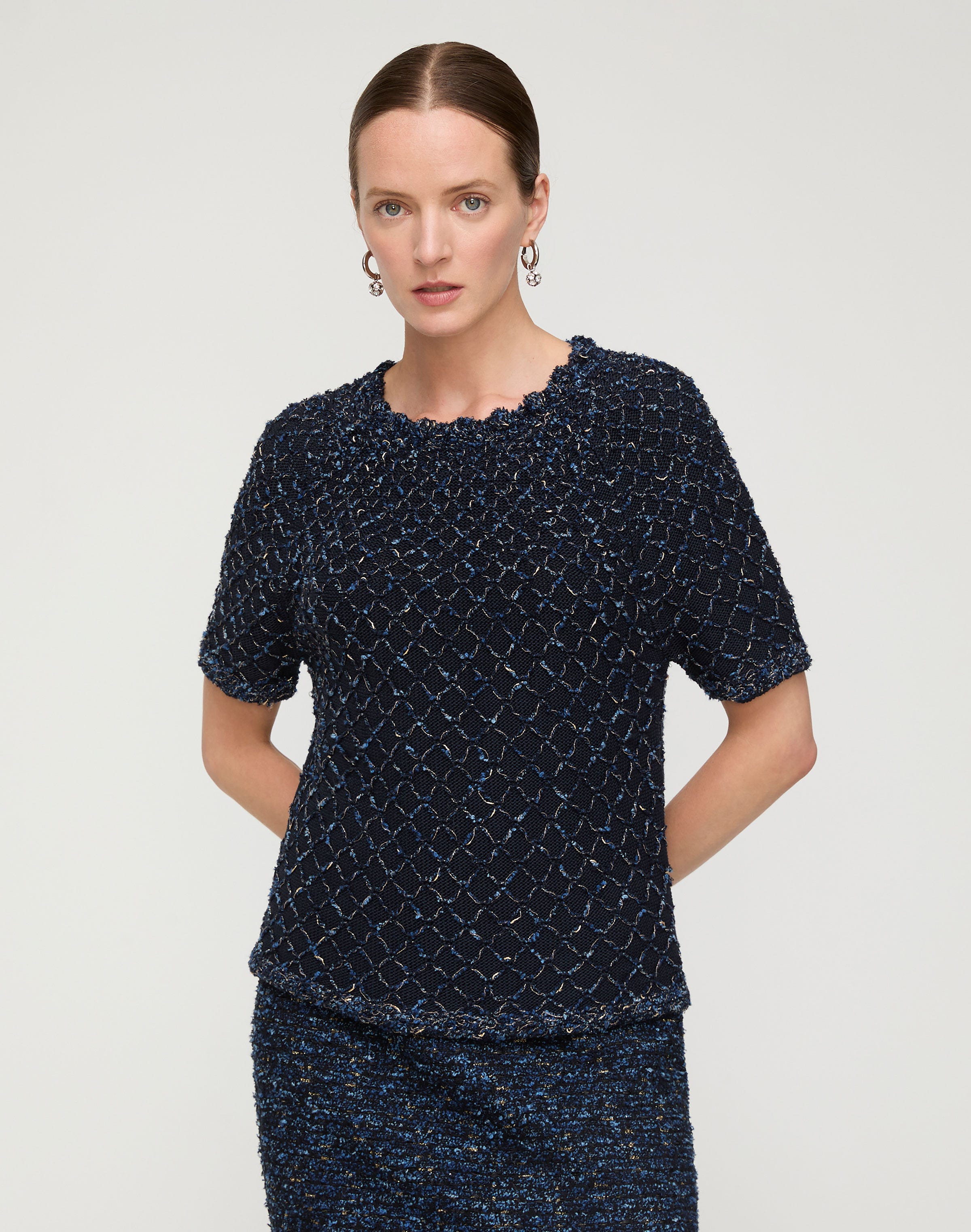 Plus-Size Cotton-Silk Tape Crochet Trim Sweater