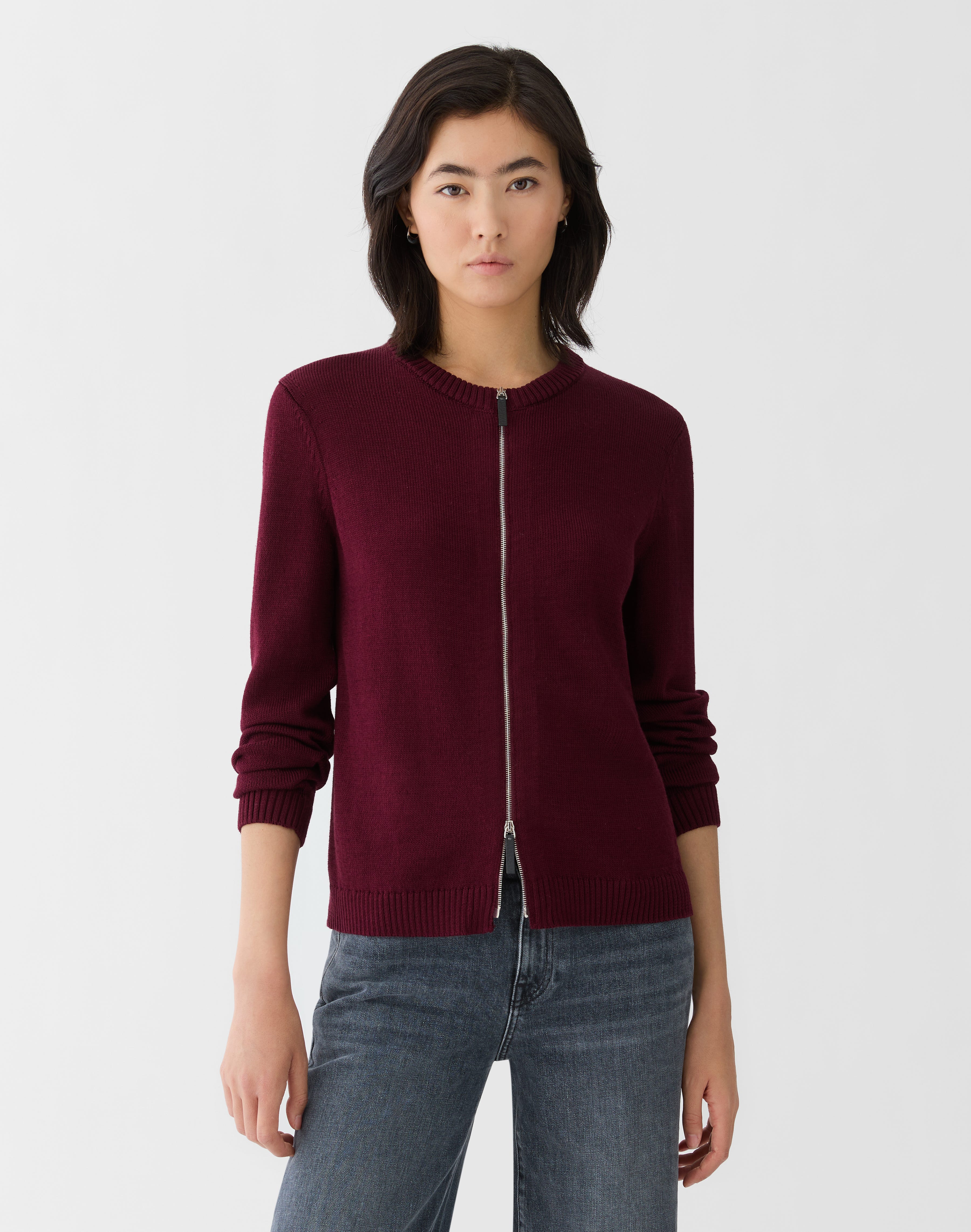 Cotton-Silk Crewneck Bomber Cardigan