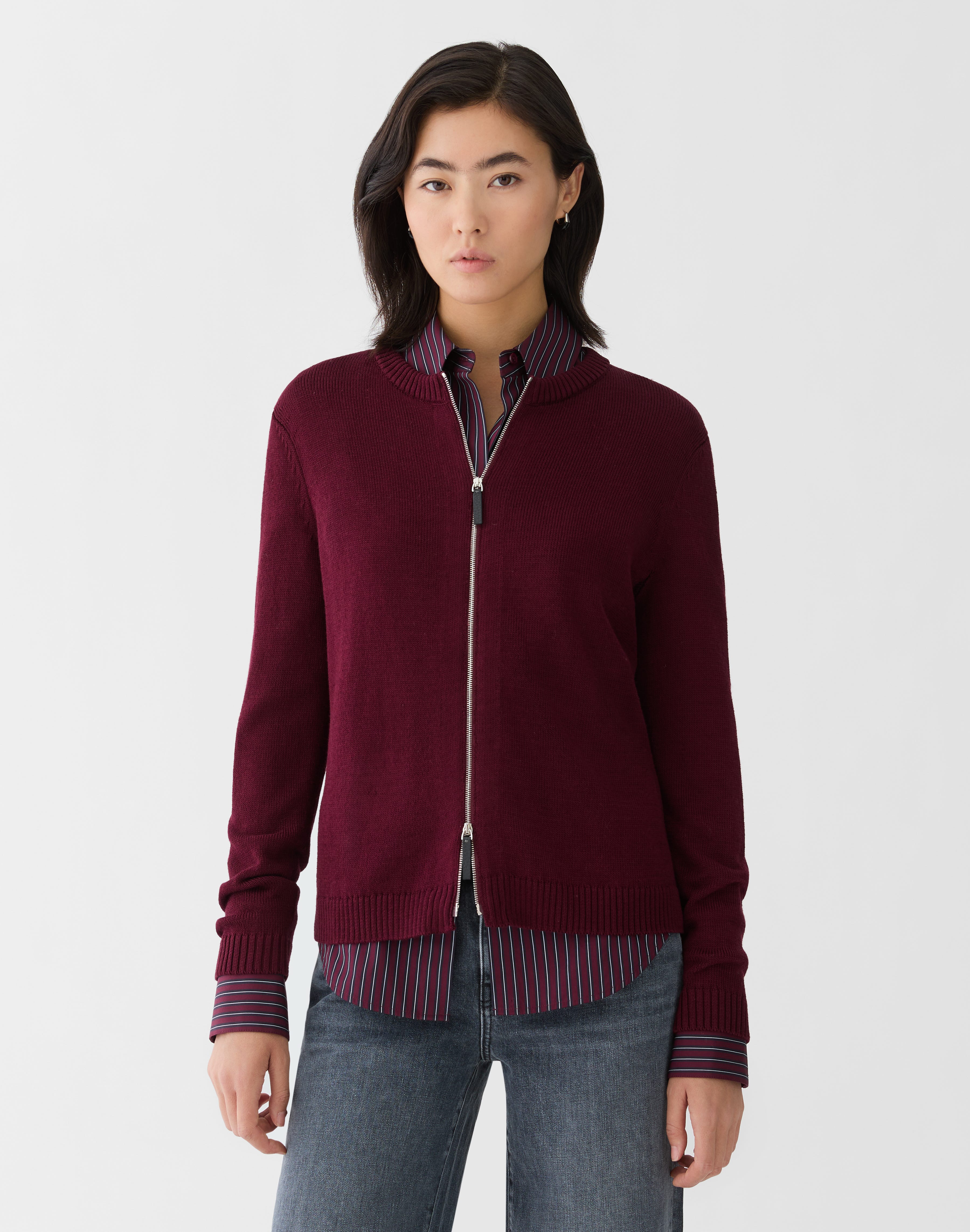 Cotton-Silk Crewneck Bomber Cardigan