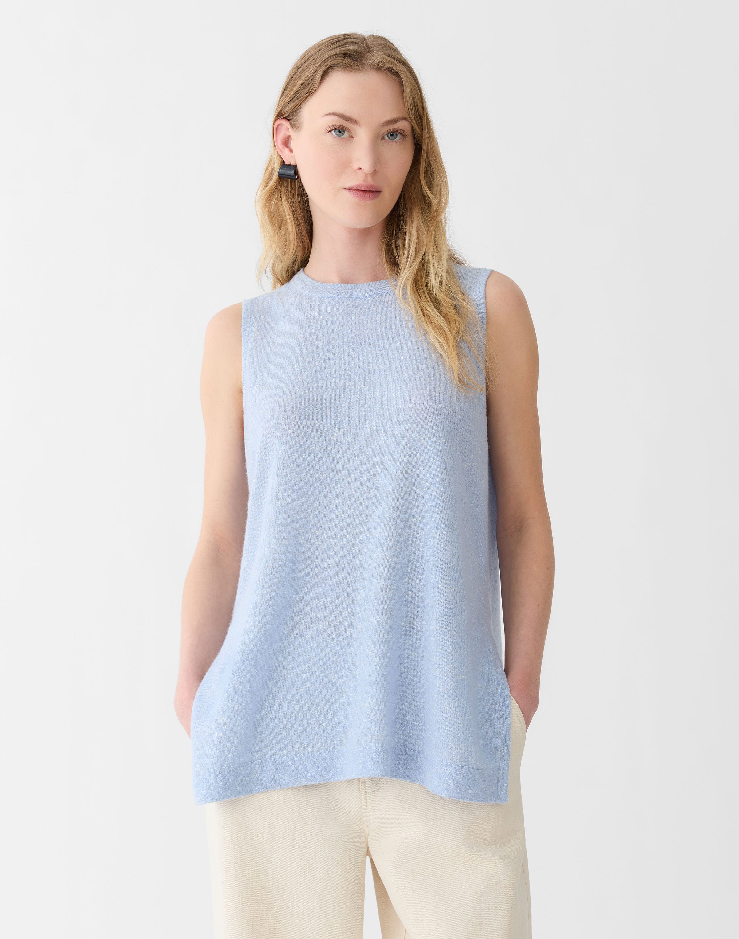 Plus-Size Cashmere-Linen Side Slit Tunic Sweater