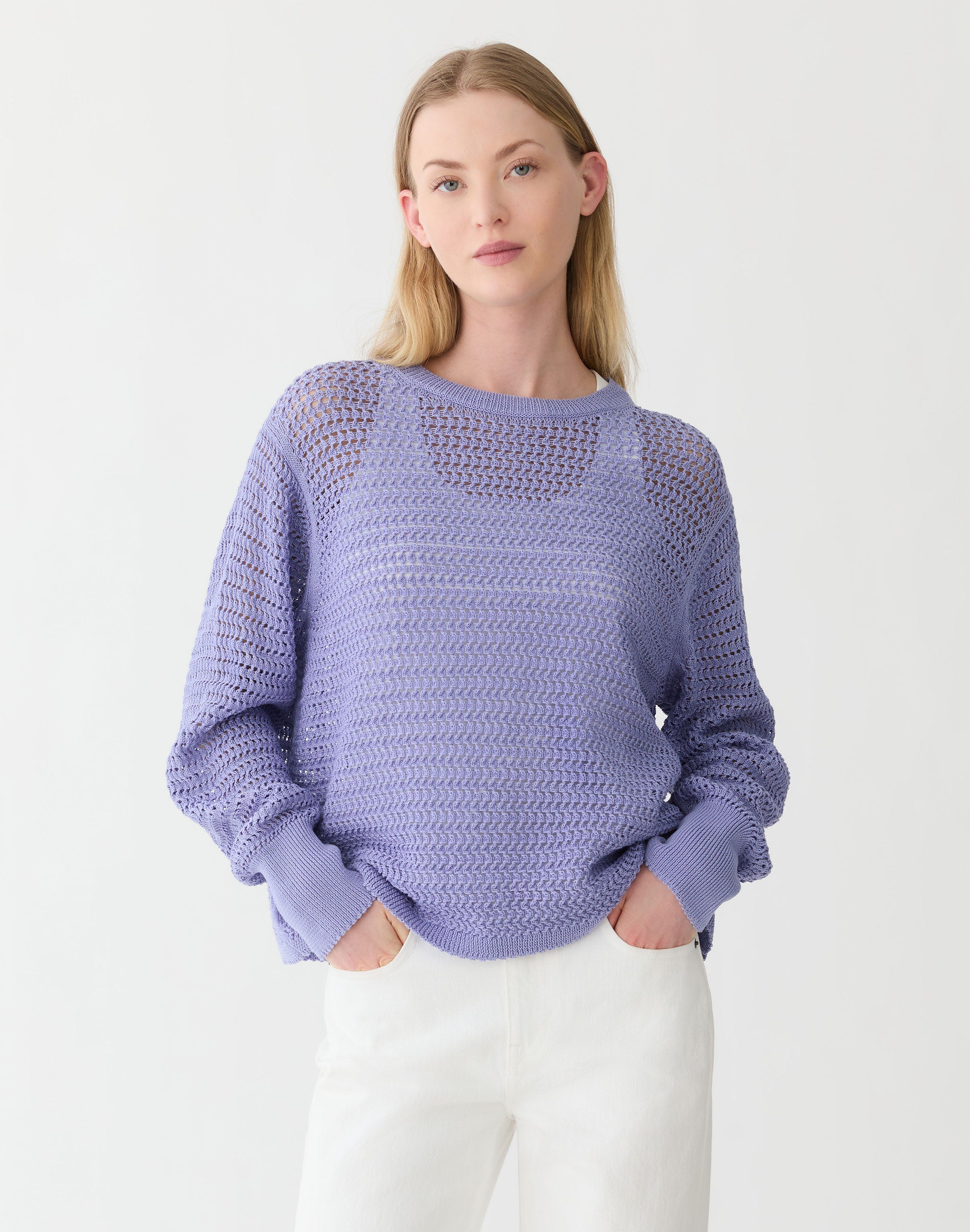 Plus-Size Fine Cotton Rope Open Knit Sweater