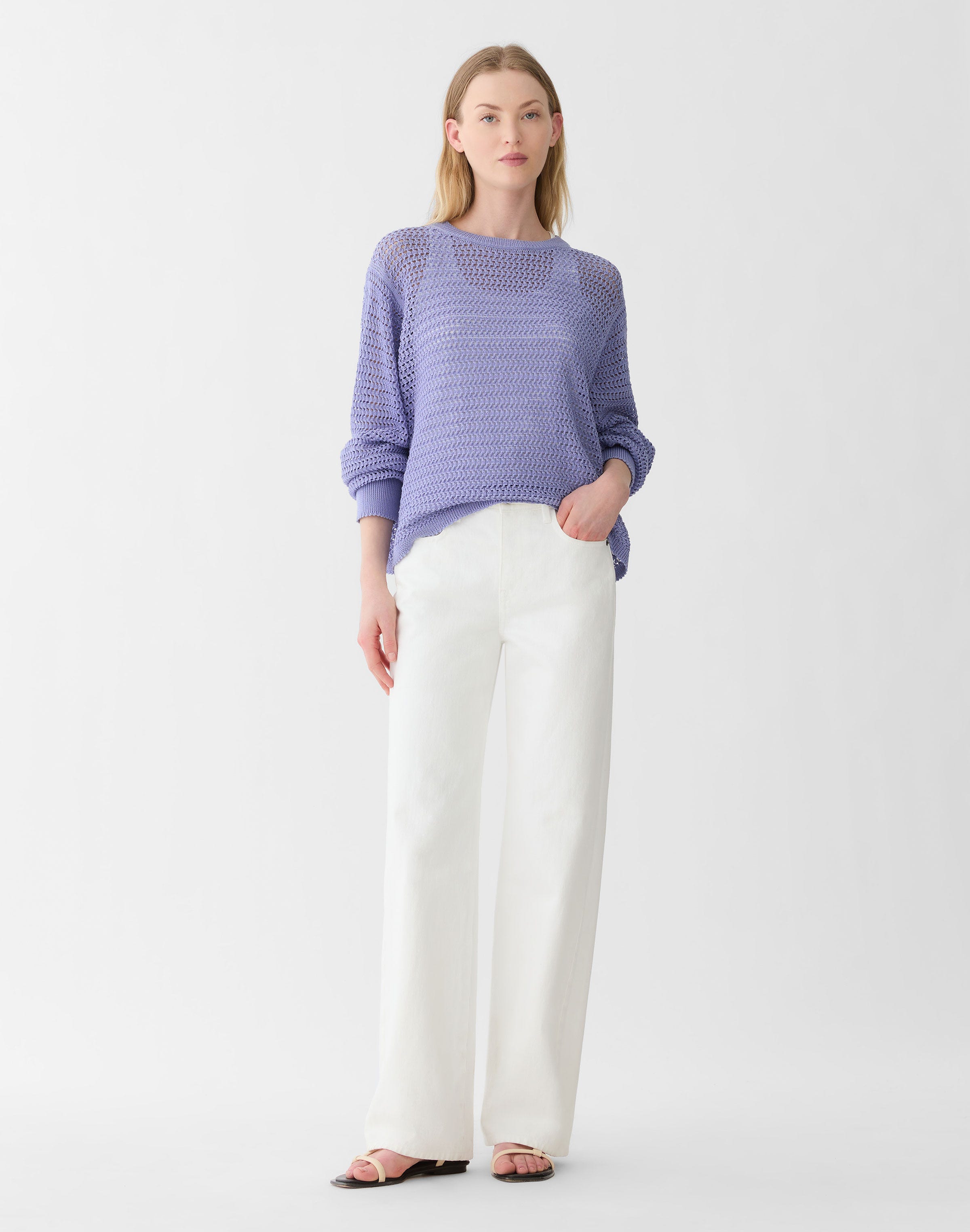 Plus-Size Fine Cotton Rope Open Knit Sweater