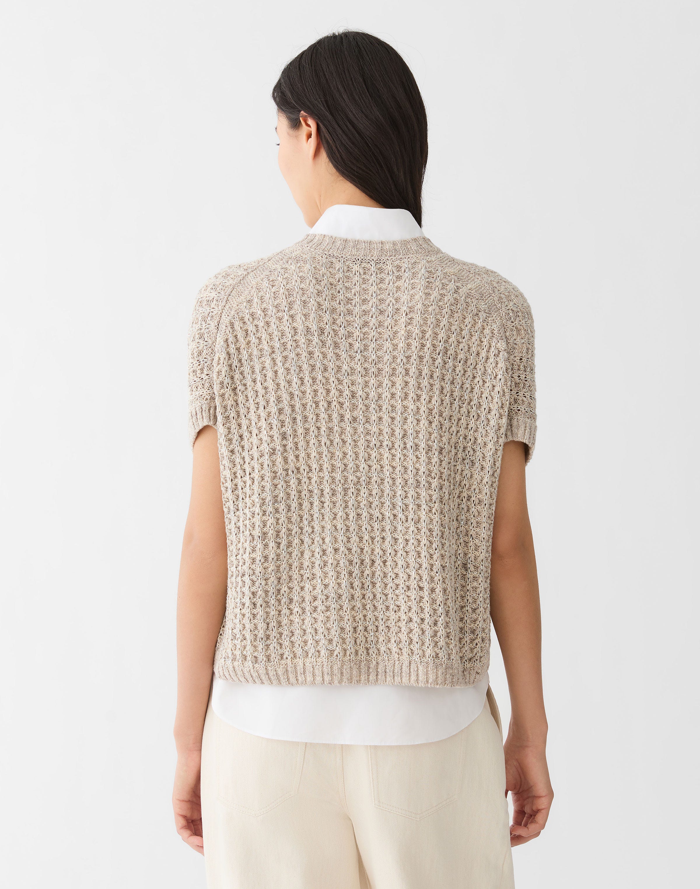 Plus-Size Metallic Flax Linen-Cotton Pointelle Sweater