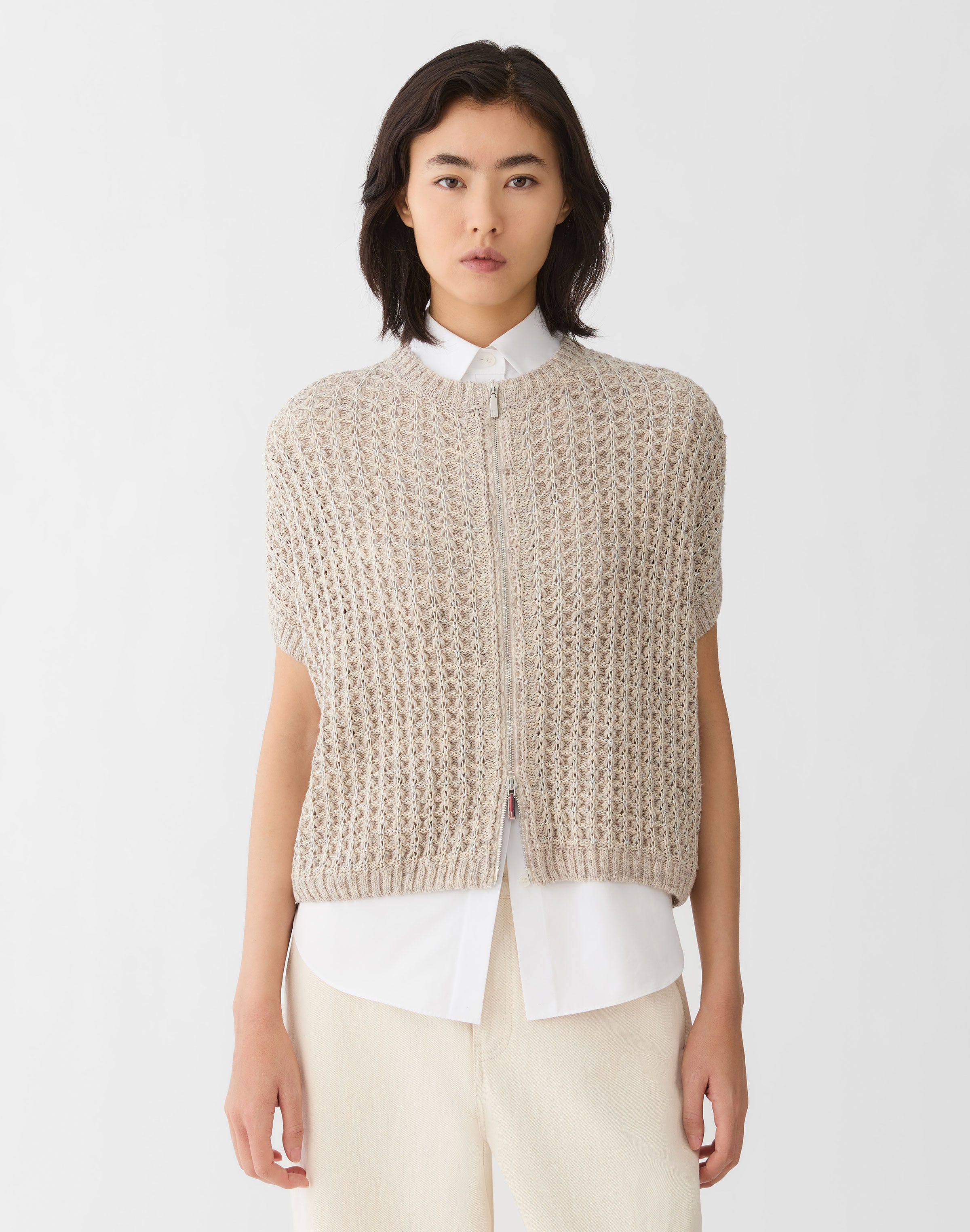 Plus-Size Metallic Flax Linen-Cotton Pointelle Sweater