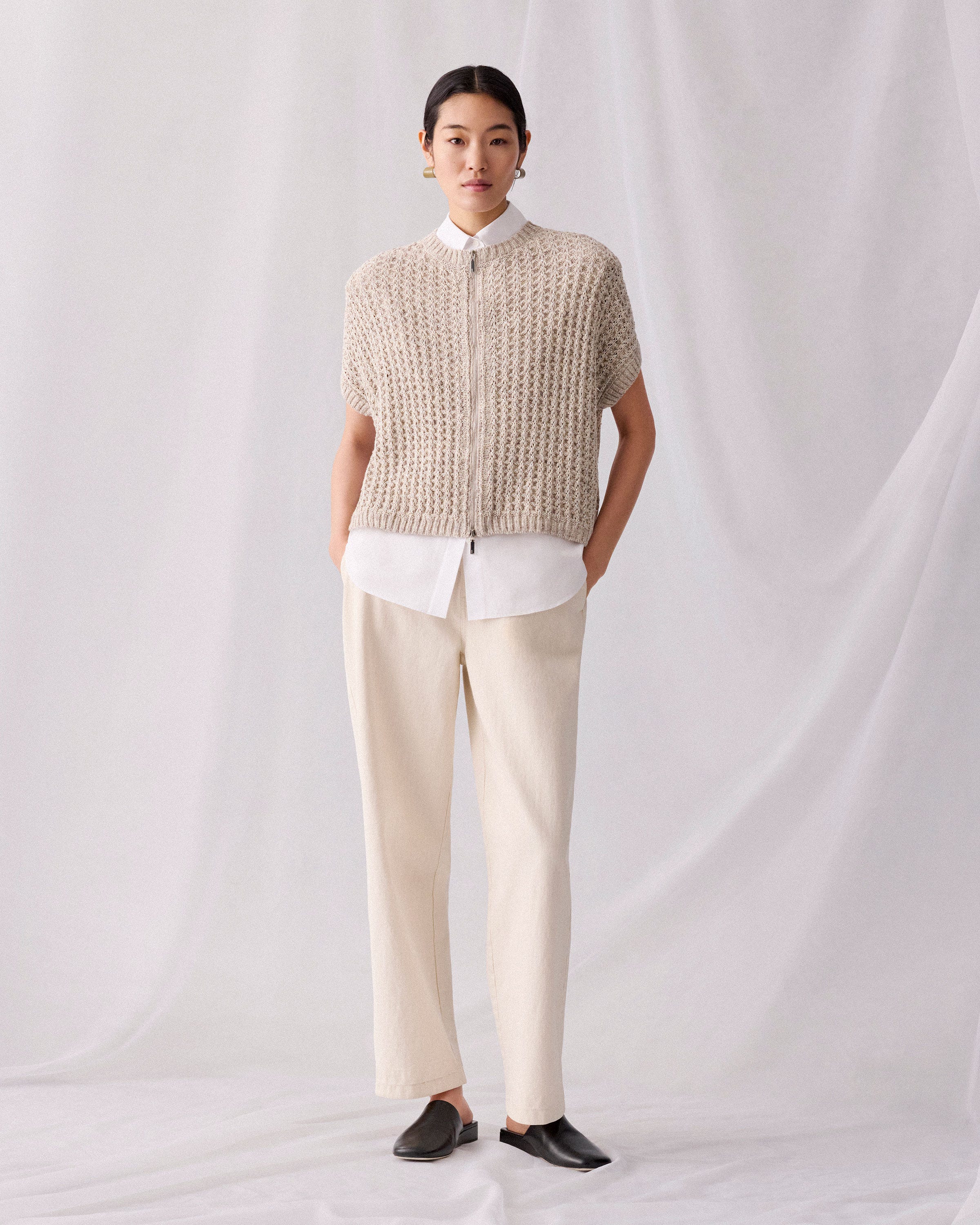 Plus-Size Metallic Flax Linen-Cotton Pointelle Sweater