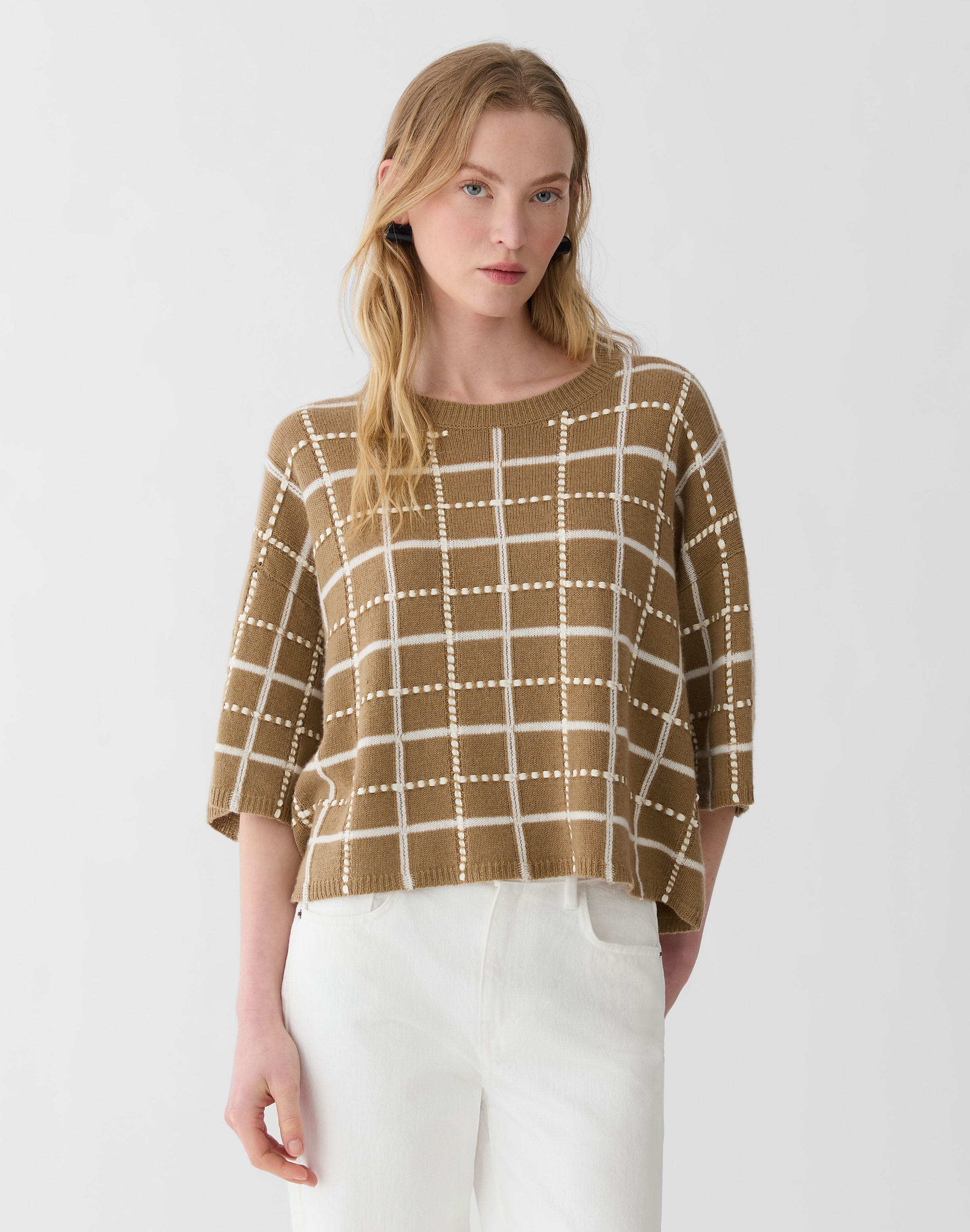 Cashmere-Linen Hand Embellished Grid Sweater