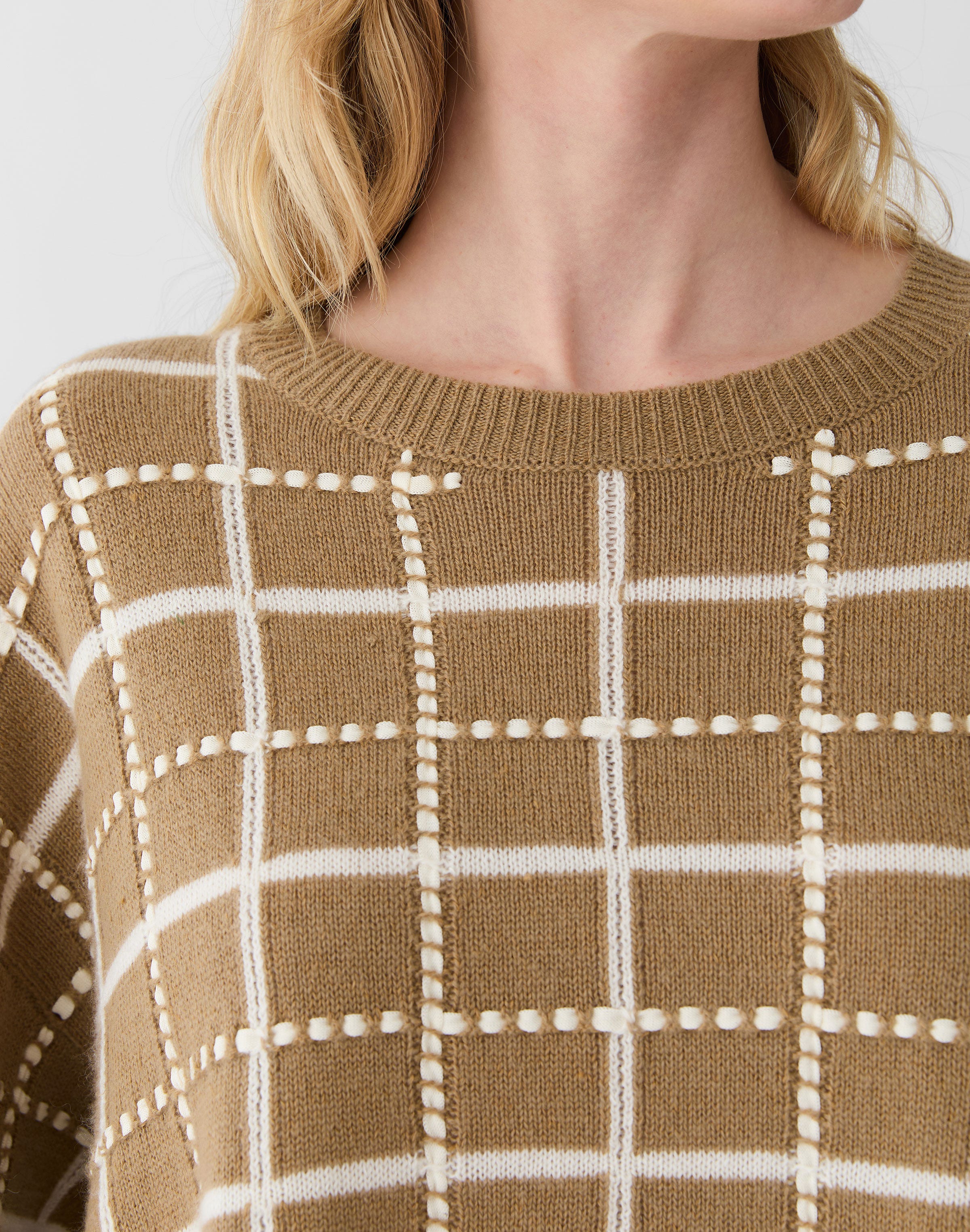 Cashmere-Linen Hand Embellished Grid Sweater
