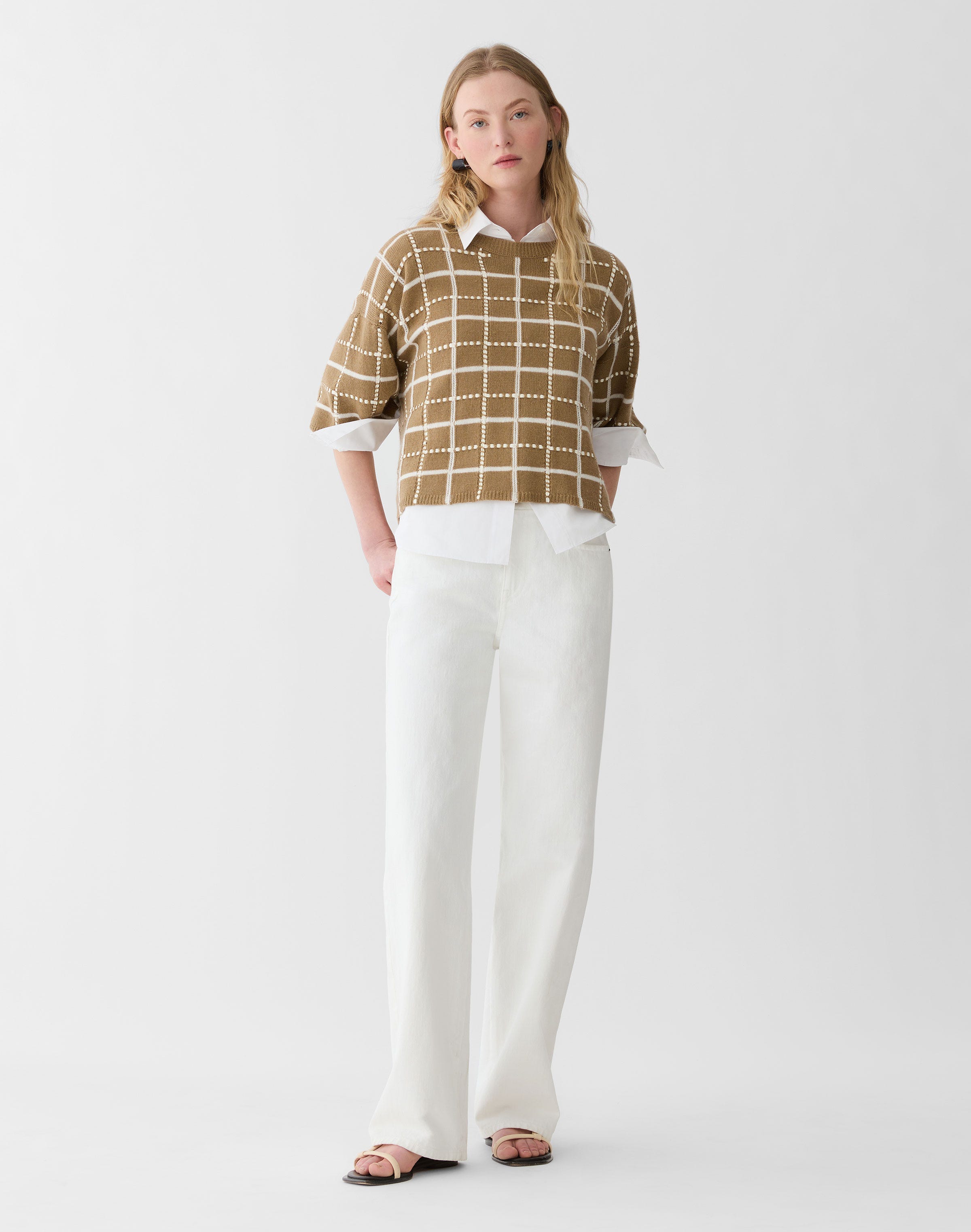 Cashmere-Linen Hand Embellished Grid Sweater