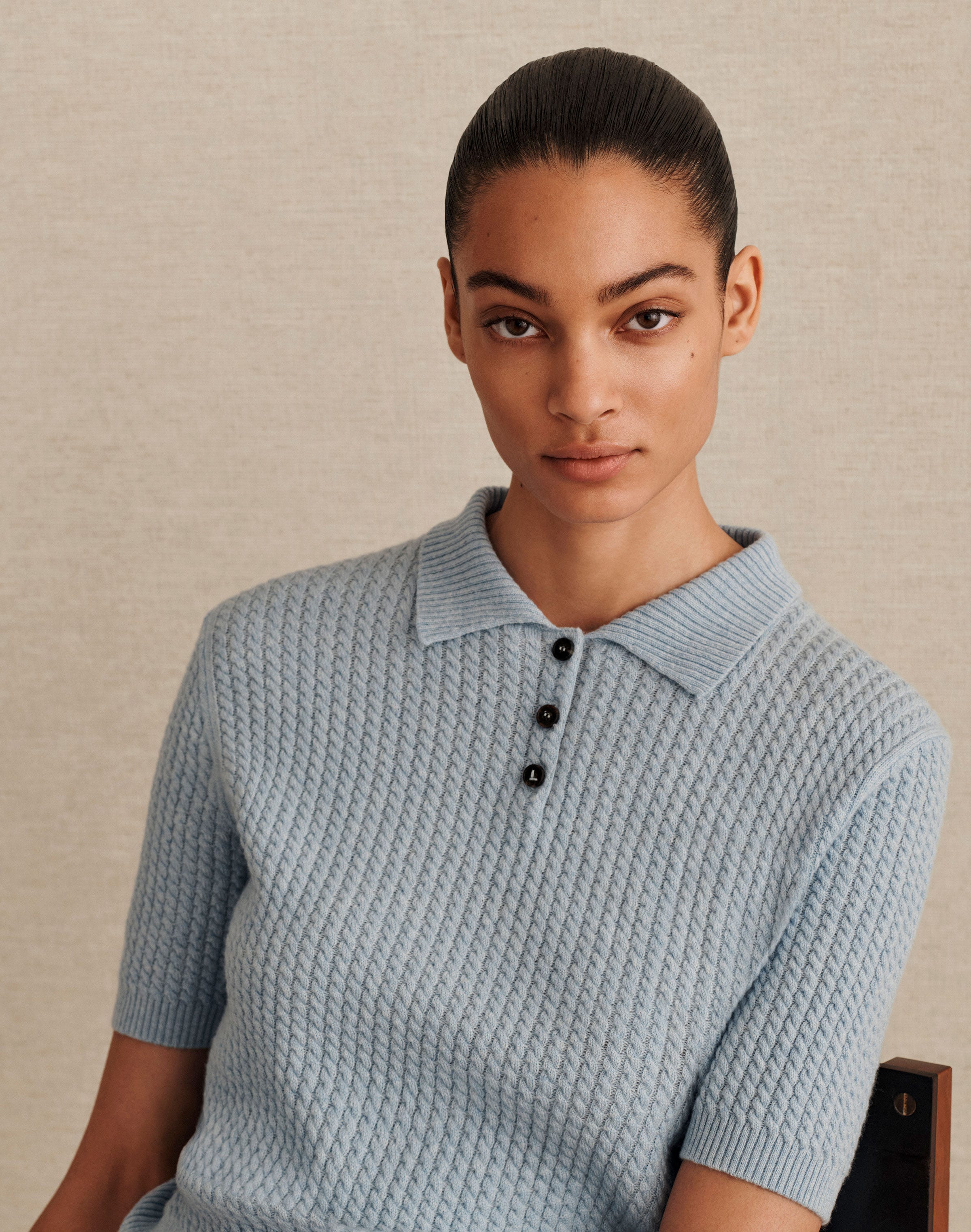 Cashmere Cable Knit Polo and Glen Plaid Print Twill Plissé Skirt
