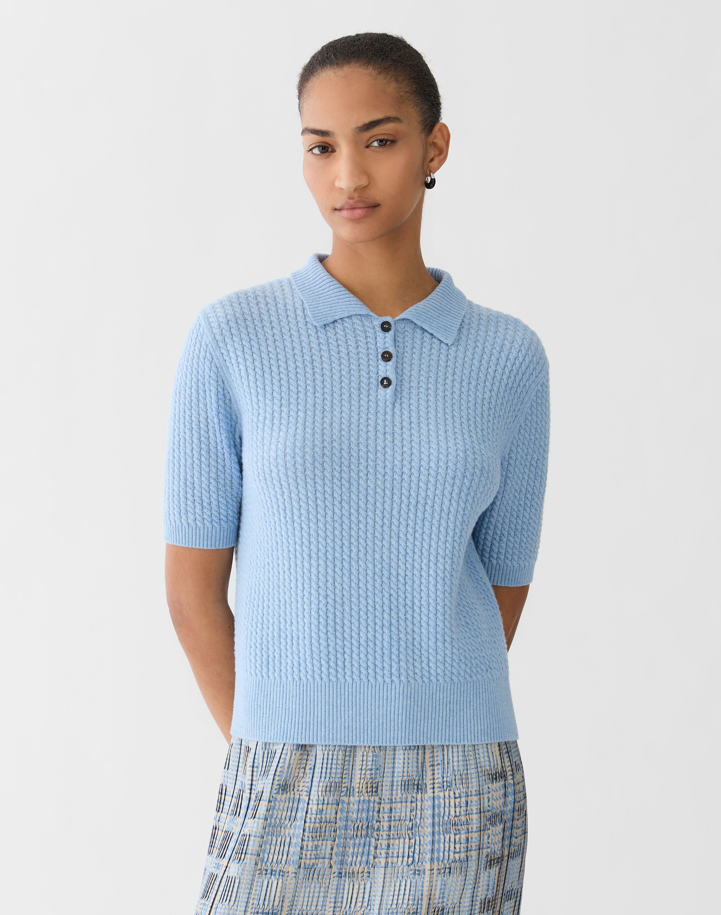 Petite Cashmere Cable Knit Polo T-Shirt