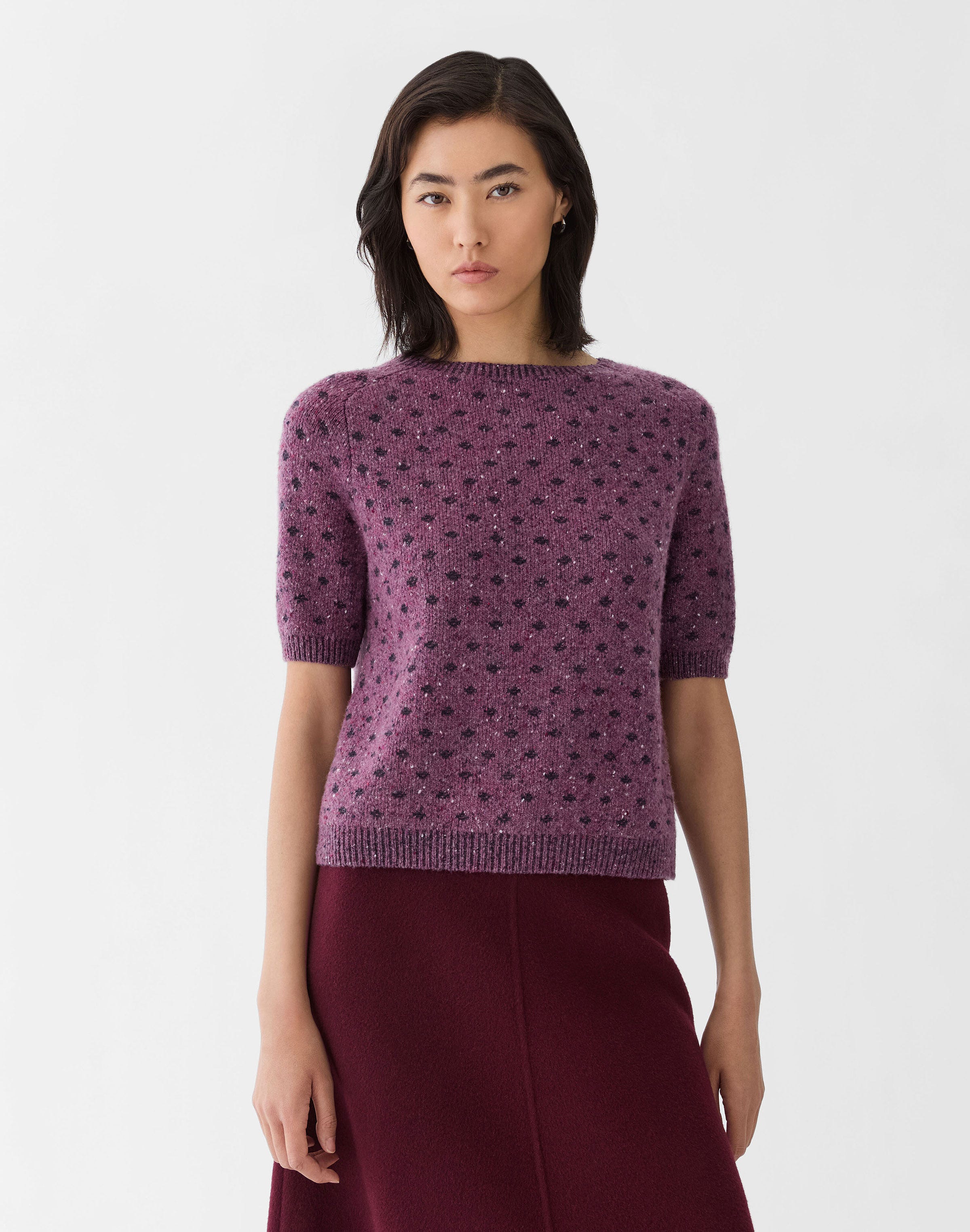 Polka Dot Jacquard Cashmere Donegal Short Sleeve Sweater