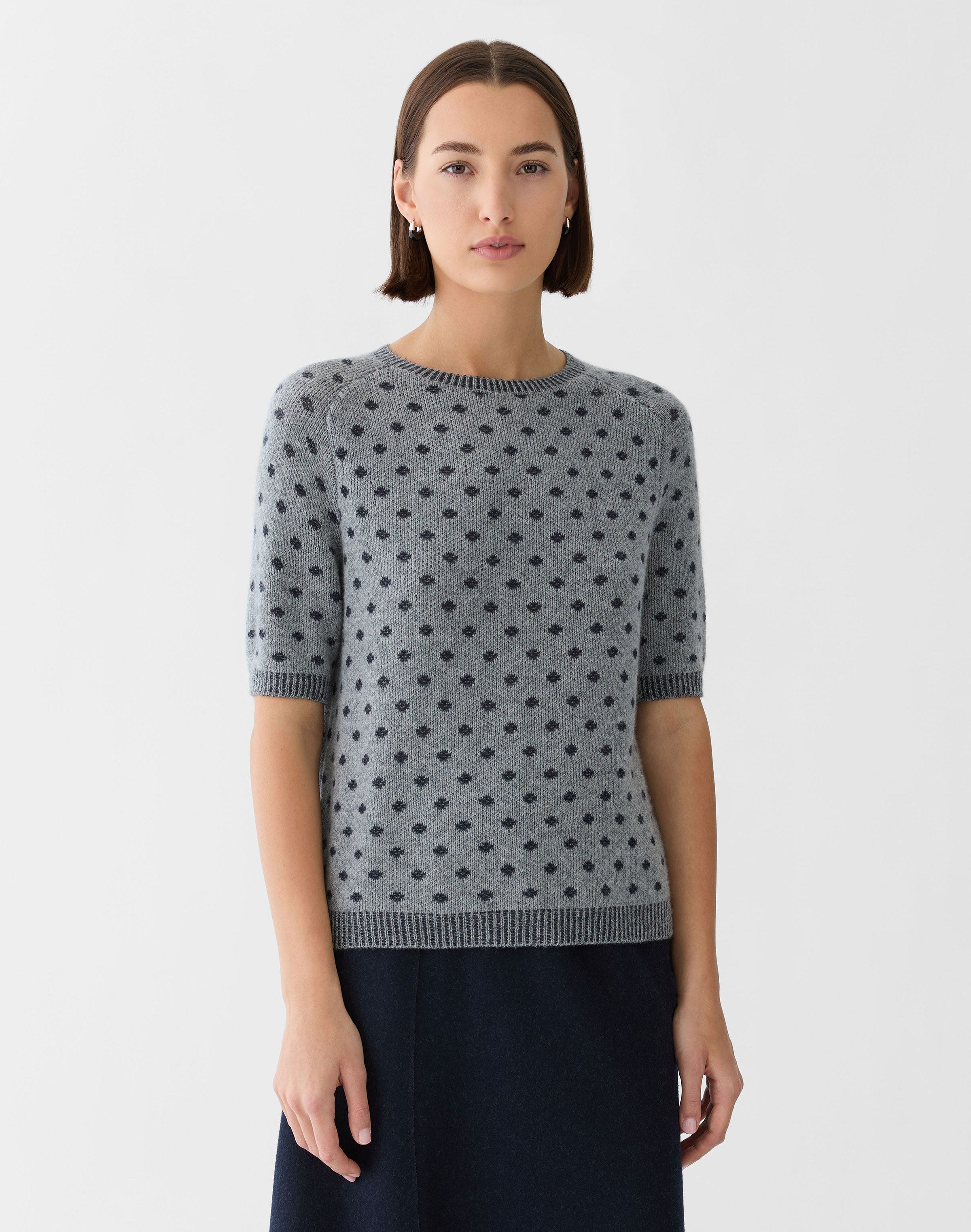 Petite Polka Dot Jacquard Cashmere Short Sleeve Sweater