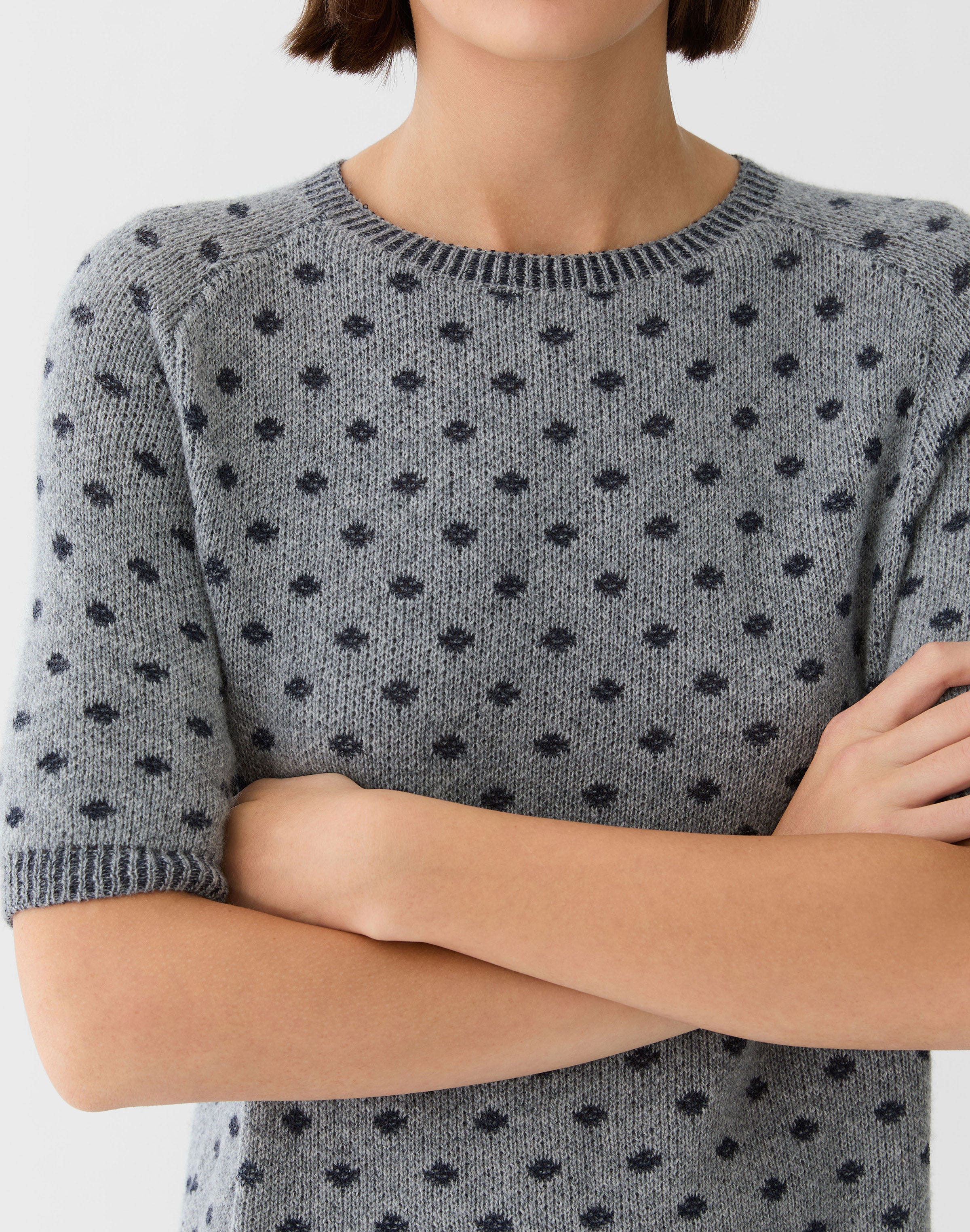 Petite Polka Dot Jacquard Cashmere Short Sleeve Sweater