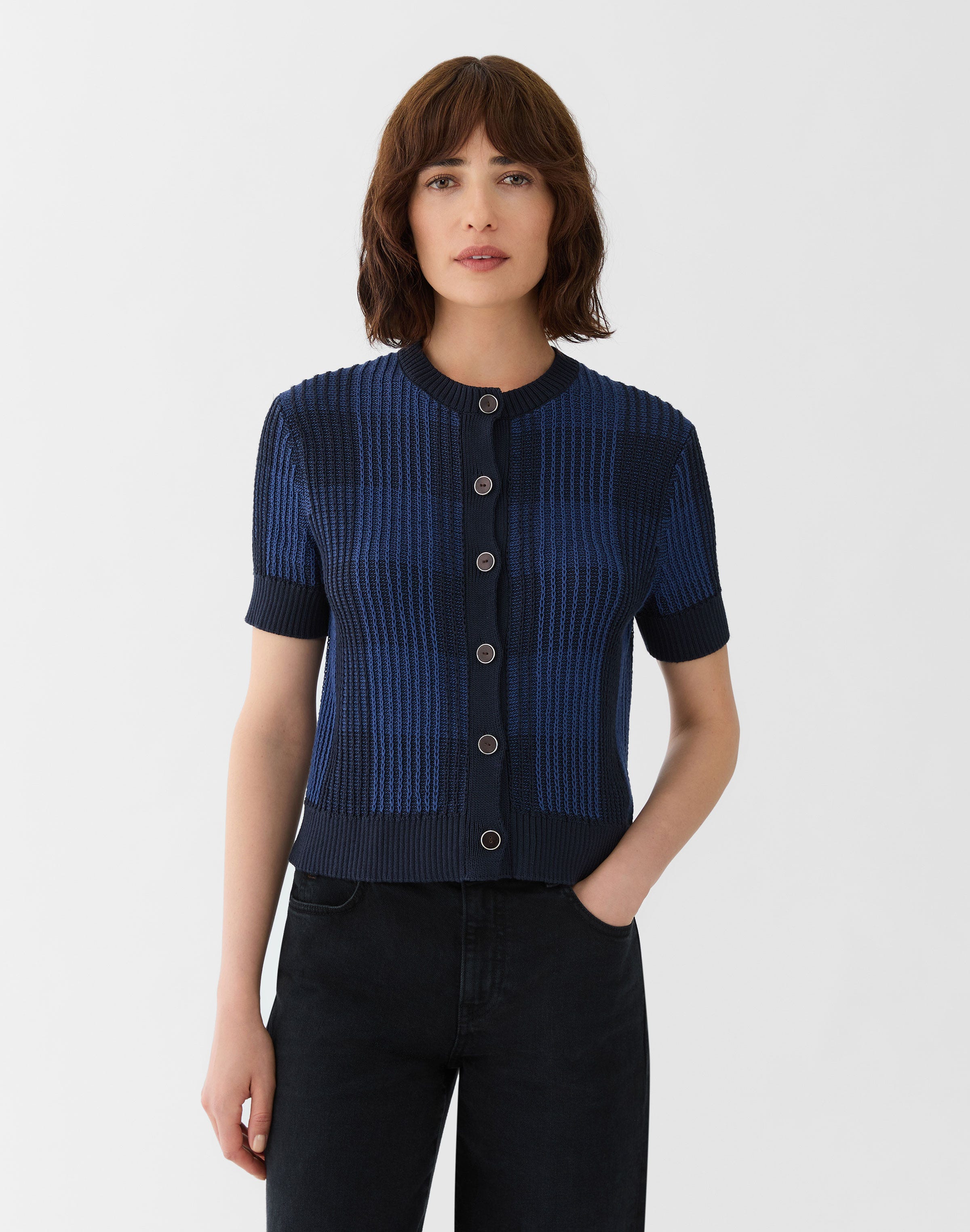 Buffalo Check Jacquard Cotton-Silk Tape Cardigan