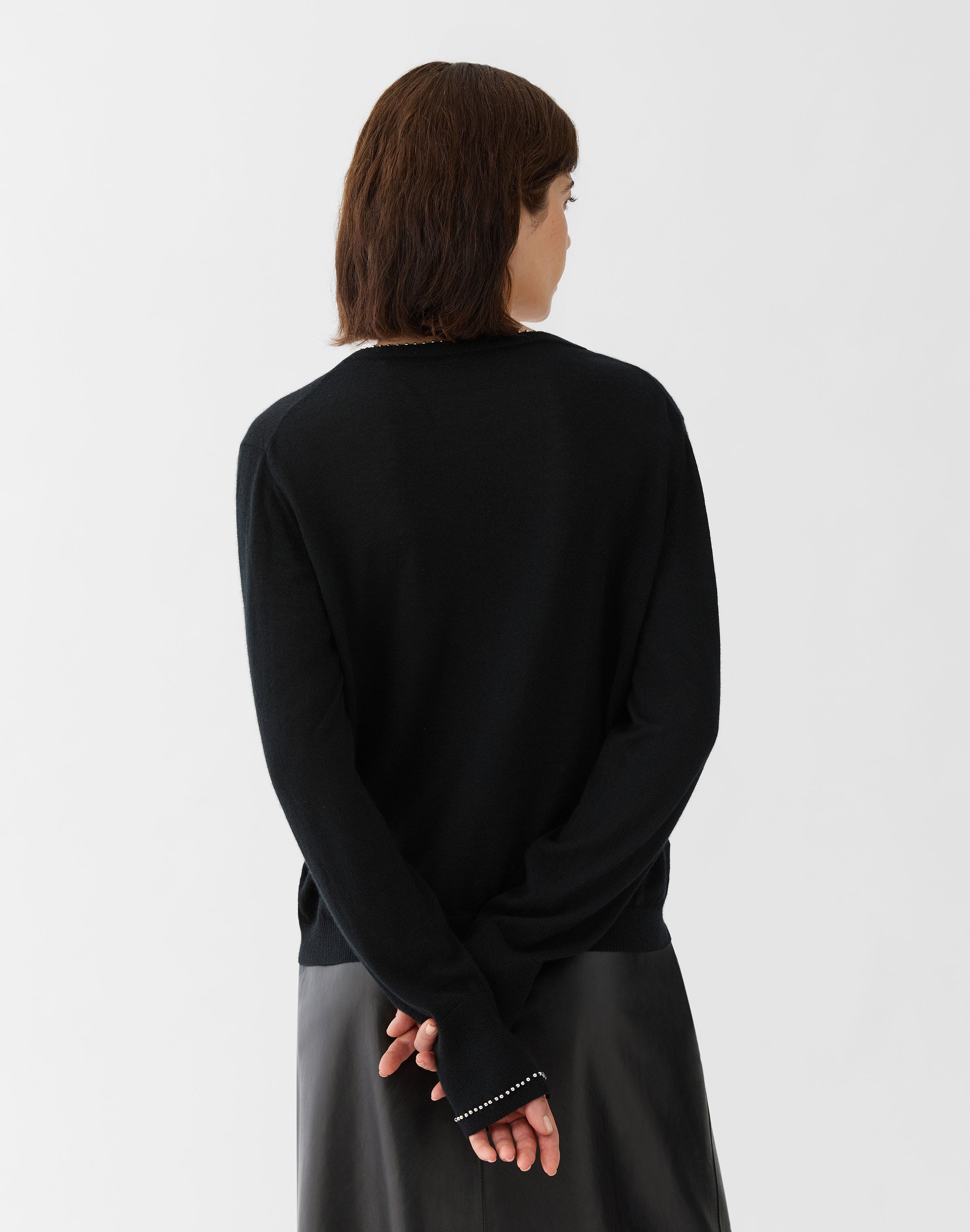 Petite Fine Gauge Cashmere Hand Beaded V-Neck Sweater