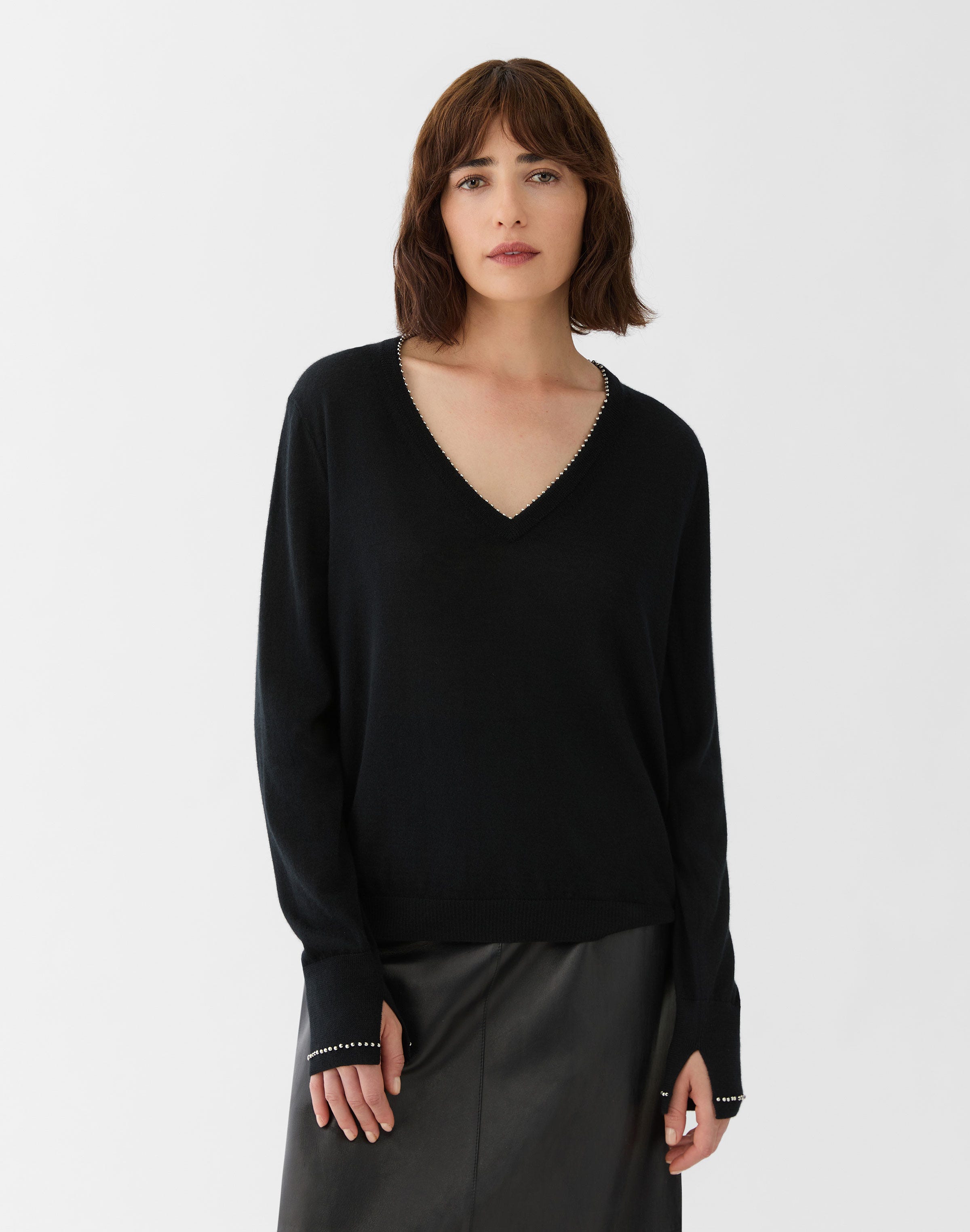 Petite Fine Gauge Cashmere Hand Beaded V-Neck Sweater